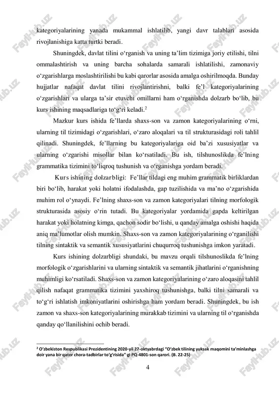 va qanday sintaktik va semantik o‘zgarishlarga olib kelishini tahlil qilish. maqsadga erishish uchun quyidagi vazifalar belgilangan:  feʼlning shaxs-son va zamon kategoriyalarining morfologik xususiyatlarini aniqlash.  shaxs-son va zamonning feʼl shakllaridagi o‘zgarishlarini o‘rganish.  shaxs-son va zamon kategoriyalarining o‘zaro aloqasini tahlil qilish.  feʼl shakllarining sintaktik va semantik ahamiyatini ko‘rsatish.  misollar orqali feʼlning shaxs-son va zamon kategoriyalarining qo‘llanilishi va o‘zgarishlarini tahlil qilish. ushbu maqsadlar orqali kurs ishi feʼllarning morfologik strukturasini chuqurroq tushunishga va til o‘rganish jarayonida yuzaga keladigan qiyinchiliklarni engishga yordam beradi. kurs ishining obyekti: kurs ishining obyekti — feʼllarda mavjud bo‘lgan grammatik kategoriyalar, xususan, shaxs-son va zamon kategoriyalarining o‘rganilishi. feʼlning morfologik tizimi va uning o‘zgarishlari, shaxs-son va zamonning til tizimidagi roli va ahamiyati bu ishning asosiy o‘rganish nuqtalaridir. kurs ishi, asosan, feʼllarning grammatik strukturasi, ularning o‘zgarish mexanizmlari va kategoriyalarining bir-biriga ta’sirini o‘rganishga qaratilgan. kurs ishining predmeti: kurs ishining predmeti — feʼlning shaxs-son va zamon kategoriyalarining o‘zaro bog‘lanishi va …