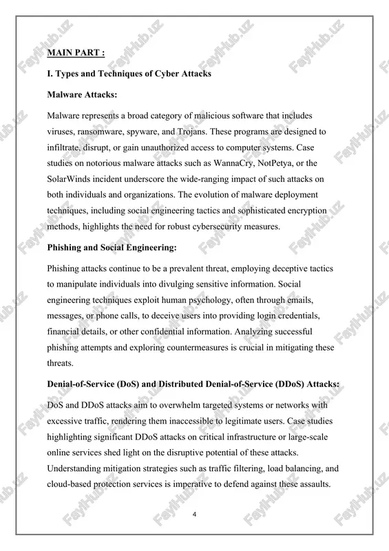 ial details, or other confidential information. analyzing successful phishing attempts and exploring countermeasures is crucial in mitigating these threats. denial-of-service (dos) and distributed denial-of-service (ddos) attacks: dos and ddos attacks aim to overwhelm targeted systems or networks with excessive traffic, rendering them inaccessible to legitimate users. case studies highlighting significant ddos attacks on critical infrastructure or large-scale online services shed light on the disruptive potential of these attacks. understanding mitigation strategies such as traffic filtering, load balancing, and cloud-based protection services is imperative to defend against these assaults. zero-day exploits and vulnerabilities: zero-day vulnerabilities, unknown to software vendors, present a considerable risk as attackers exploit these vulnerabilities before patches or fixes are available. investigating instances where zero-day exploits were utilized, the subsequent impacts, and the role of vulnerability disclosure programs is essential in developing proactive cybersecurity measures. ii. implications and ramifications of cyber attacks financial impact: quantifying the financial repercussions …
