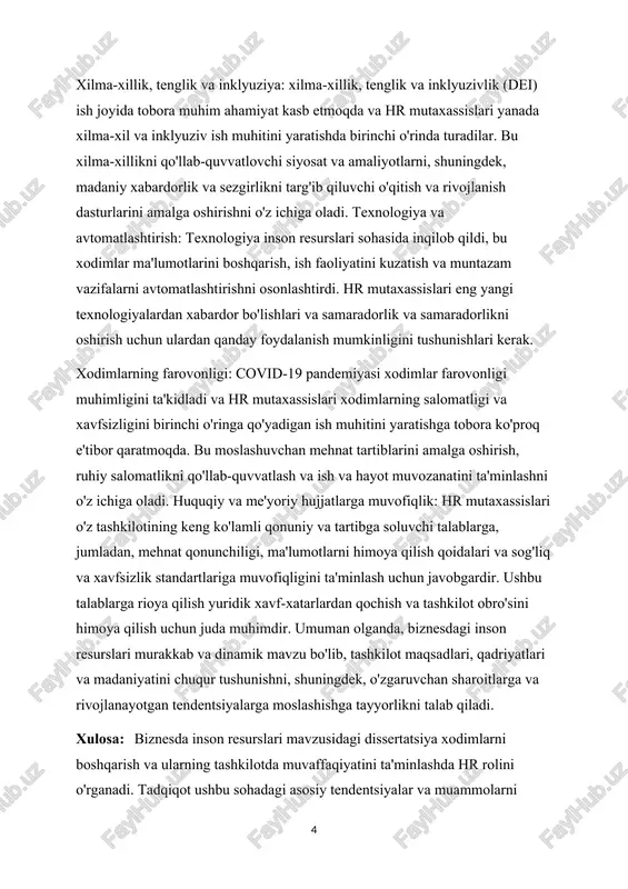 va avtomatlashtirish: texnologiya inson resurslari sohasida inqilob qildi, bu xodimlar ma'lumotlarini boshqarish, ish faoliyatini kuzatish va muntazam vazifalarni avtomatlashtirishni osonlashtirdi. hr mutaxassislari eng yangi texnologiyalardan xabardor bo'lishlari va samaradorlik va samaradorlikni oshirish uchun ulardan qanday foydalanish mumkinligini tushunishlari kerak. xodimlarning farovonligi: covid-19 pandemiyasi xodimlar farovonligi muhimligini ta'kidladi va hr mutaxassislari xodimlarning salomatligi va xavfsizligini birinchi o'ringa qo'yadigan ish muhitini yaratishga tobora ko'proq e'tibor qaratmoqda. bu moslashuvchan mehnat tartiblarini amalga oshirish, ruhiy salomatlikni qo'llab-quvvatlash va ish va hayot muvozanatini ta'minlashni o'z ichiga oladi. huquqiy va me'yoriy hujjatlarga muvofiqlik: hr mutaxassislari o'z tashkilotining keng ko'lamli qonuniy va tartibga soluvchi talablarga, jumladan, mehnat qonunchiligi, ma'lumotlarni himoya qilish qoidalari va sog'liq va xavfsizlik standartlariga muvofiqligini ta'minlash uchun javobgardir. ushbu talablarga rioya qilish yuridik xavf-xatarlardan qochish va tashkilot obro'sini himoya qilish uchun juda muhimdir. umuman olganda, biznesdagi inson resurslari murakkab va dinamik mavzu bo'lib, tashkilot maqsadlari, qadriyatlari va madaniyatini chuqur tushunishni, shuningdek, o'zgaruvchan sharoitlarga va …