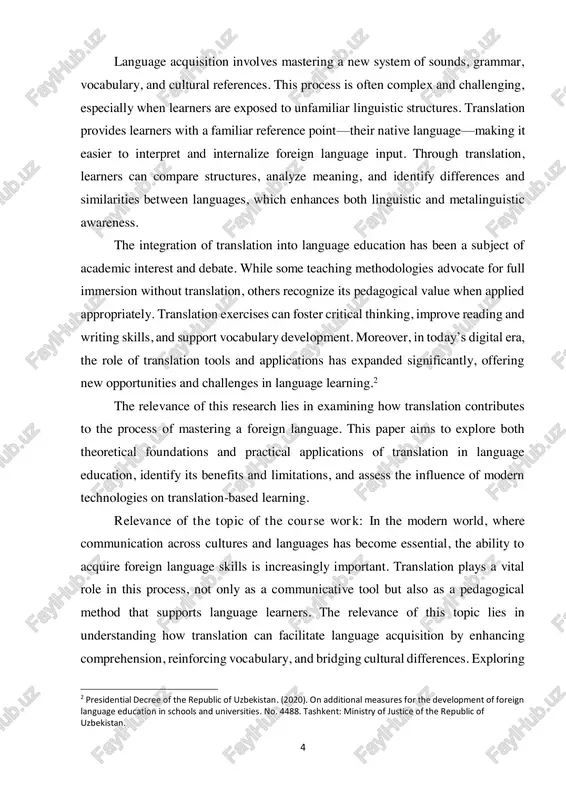 nd explore the impact of modern technologies on translation-based learning. the content and structure of the work. in accordance with the goals and objectives of the work, the structure is composed of an introduction, main part, a conclusion, and a bibliography. 6 1. theoretical basis of translation in language learning translation has historically played a key role in the process of learning foreign languages. it serves as both a linguistic and cognitive tool, allowing learners to transfer meaning between languages, identify structural similarities and differences, and develop cross-cultural understanding. the theoretical basis of translation in language learning is rooted in linguistic, psychological, and pedagogical foundations. definitions and types of translation: translation is commonly defined as the process of rendering the meaning of a text from one language (source language) into another (target language), while maintaining equivalence in meaning, form, and function. depending on the purpose and context, translation can be …