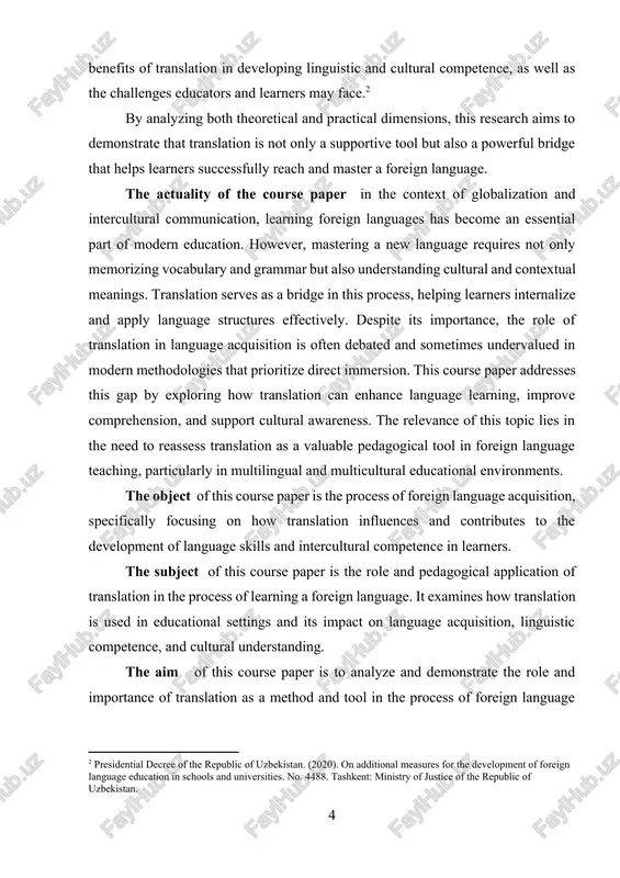 potential challenges in educational contexts. the tasks of this work: · to define the concept of translation within the framework of linguistics and language education. · to explore the theoretical significance of translation in the process of foreign language learning. · to identify and analyze methods of using translation in foreign language teaching. · to examine the role of translation in developing linguistic and communicative competence. · to investigate how translation contributes to the development of cultural awareness and intercultural communication. · to highlight the main challenges in using translation as a language learning tool and propose practical strategies to overcome them. · to evaluate the practical benefits of translation based on examples and relevant research. the theoretical and practical value to the theoretical understanding of translation as an integral component of foreign language acquisition. it enriches linguistic and pedagogical literature by highlighting how translation functions not only as a …
