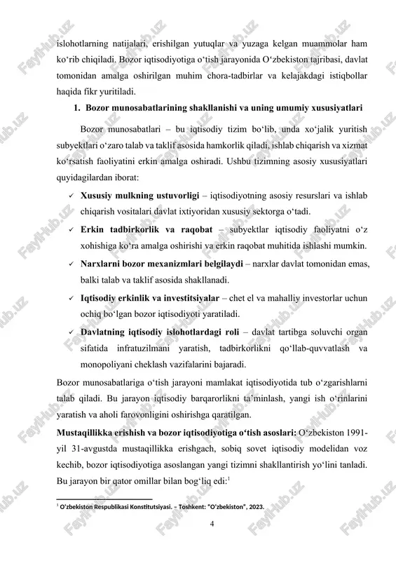 etdi. oʻzbekistonning bozor iqtisodiyotiga o‘tish jarayoni bosqichma-bosqich amalga oshirildi. birinchi bosqichda iqtisodiy islohotlarning huquqiy bazasi yaratildi, davlat mulkini xususiylashtirish jarayoni boshlandi va tadbirkorlik faoliyatiga ruxsat berildi. keyinchalik, iqtisodiyotni diversifikatsiya qilish, investitsiyalarni jalb qilish va sanoatni modernizatsiya qilish ishlari olib borildi. islohotlarning huquqiy-me’yoriy asoslari: oʻzbekistonda bozor munosabatlarini shakllantirish jarayoni huquqiy islohotlar bilan mustahkamlandi. mamlakat iqtisodiyotining bozor tamoyillariga asoslangan yangi modelini yaratish uchun qator qonunlar qabul qilindi: · 1992-yilgi oʻzbekiston respublikasi konstitutsiyasi · xususiy mulk daxlsizligi va bozor iqtisodiyotining asosiy tamoyillarini mustahkamladi. · davlatning iqtisodiy rivojlanishdagi roli belgilab berildi. · 1994-yil "xususiylashtirish to‘g‘risida"gi qonun · davlat mulkini xususiylashtirish jarayoni boshlandi. · xususiy tadbirkorlik va mulk huquqlari himoya qilindi. · "tadbirkorlik faoliyatini qo‘llab-quvvatlash to‘g‘risida"gi qonunlar · tadbirkorlar uchun soddalashtirilgan soliqlar va imtiyozlar joriy etildi. · bank tizimi va kreditlash sharoitlari yaxshilandi. · investitsiyalar va xorijiy kapital to‘g‘risidagi qonunlar · xorijiy investorlarga qulay shart-sharoit yaratildi. · investitsiyalarni himoya qilish va ularga kafolat berish mexanizmlari …