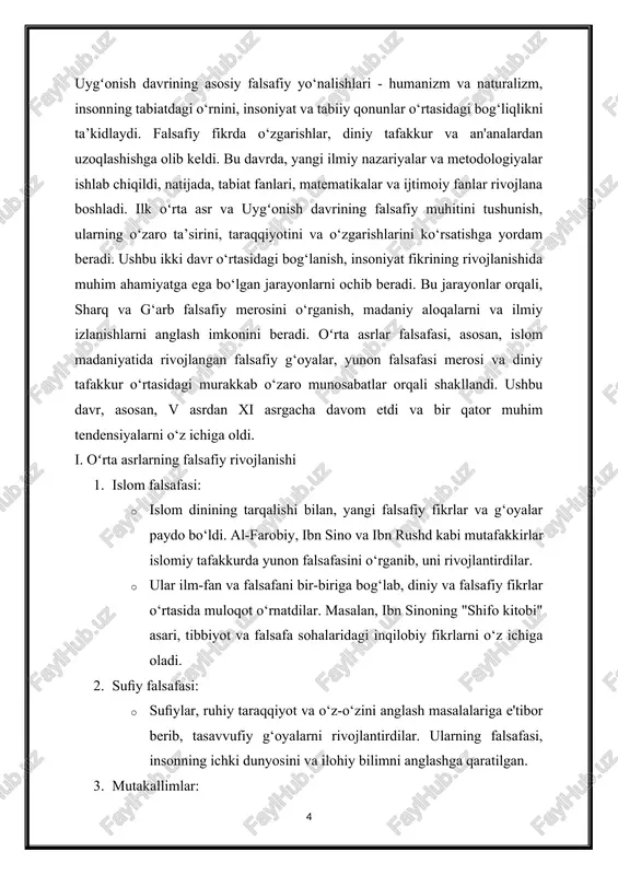 n va madaniyatning tarqalishi bilan bogʻliq holda rivojlandi. ushbu davrda, sharqda, xususan, arab xalifaligi va uning atrofida joylashgan mintaqalarda ko‘plab muhim falsafiy g‘oyalar va yo‘nalishlar paydo bo‘ldi. ilk oʻrta asr sharq falsafasi quyidagi asosiy xususiyatlarga ega: falsafaning kelib chiqishi va asosiy yo‘nalishlari 1. islom falsafasi: · islom dini kelishi bilan, yangi fikrlar va ta’limotlar rivojlandi. qur’on va hadislar asosida diniy va etik masalalar, ta’lim va bilimga bo‘lgan qiziqishlar ortdi. · islomiy mutafakkirlar (masalan, al-farobiy, ibn sino) yunon falsafasini o‘rganib, uni islomiy kontekstda rivojlantirdilar. ular aristotel, platon kabi yunon mutafakkirlarining asarlarini o‘z asarlarida muhokama qildilar. 2. suﬁy falsafasi: · suﬁylar, ruhiy tajribalar, o‘z-o‘zini anglash va ilohiy sevgiga e'tibor berish bilan mashhur bo‘ldilar. suﬁy falsafasi, insonning ichki dunyosini va ilohiy bilimni anglashga qaratilgan. · suﬁylar, mantiq va ilmiy nazariyalar o‘rniga, bevosita ruhiy tajribalarni va ilohiy his-tuyg‘ularni afzal ko‘rishdi. 3. mutakallimlar: · mutakallimlar, islomiy teologiya va mantiqiy fikr o‘rtasida muvozanat o‘rnatishga harakat qildilar. …