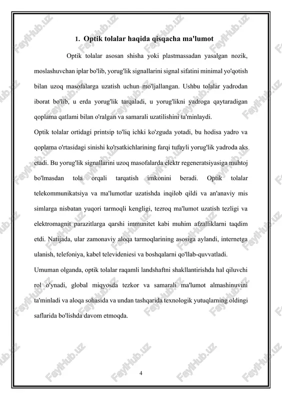 keltirdi. 3. optik tolaning jamiyat va texnologiyaga ta'siri optik tolaning jamiyat va texnologiyaga ta'siri optik tolali texnologiyaning paydo bo'lishi va tarqalishi jamiyat va texnologiyaga o'zgartiruvchi ta'sir ko'rsatdi, biz muloqot qilish, biznes yuritish, ma'lumotlarga kirish va atrofimizdagi dunyo bilan o'zaro munosabatlarimizni o'zgartirdi. quyida optik tola sezilarli o'zgarishlarga olib kelgan ba'zi asosiy sohalar keltirilgan: inqilobiy aloqa: · optik tolali tarmoqlar global telekommunikatsiya infratuzilmasining asosini tashkil etib, misli ko'rilmagan miqyosda yuqori tezlikdagi internetga ulanish, ovozli qo'ng'iroqlar, videokonferentsiyalar va ma'lumotlarni uzatish imkonini beradi. ushbu ulanish geografik tafovutlarni bartaraf etdi, qit'alar bo'ylab real vaqtda aloqani osonlashtirdi va global hamkorlik va almashinuvni rivojlantirdi. iqtisodiy o‘sish va rivojlanish: · optik tolali mustahkam va ishonchli aloqa tarmoqlari elektron tijorat, raqamli xizmatlar, masofaviy ishlash imkoniyatlari va global savdoni osonlashtirish orqali iqtisodiy o'sishni katalizladi. shuningdek, ular infratuzilmani rivojlantirishga investitsiyalarni jalb qildi, texnologiya sohalarida innovatsiyalarni rag'batlantirdi va biznes va tadbirkorlar uchun yangi imkoniyatlar yaratdi. sog‘liqni saqlash sohasidagi yutuqlar: · optik tolali …