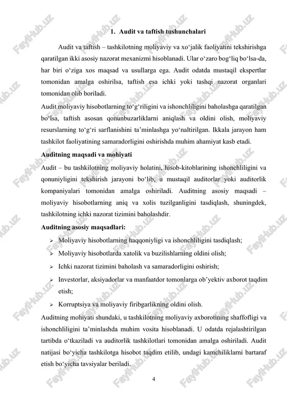 i ta’minlashga xizmat qiladi. 2. audit va taftishning o‘zaro bog‘liqligi audit va taftish moliyaviy nazorat tizimining ajralmas elementlari bo‘lib, tashkilotning iqtisodiy faoliyatini tahlil qilish, shaffoflikni ta’minlash va qonunbuzarliklarning oldini olish uchun muhim ahamiyat kasb etadi. ikkalasi ham korxonada moliyaviy resurslarning to‘g‘ri boshqarilishini ta’minlash, ichki nazorat tizimini mustahkamlash va iqtisodiy intizomni oshirish uchun xizmat qiladi. audit va taftish bir-birini to‘ldiruvchi jarayonlardir. taftish odatda qonunbuzarlik va xato holatlarni aniqlashga qaratilgan bo‘lsa, audit ularning oldini olish va tashkilot faoliyatini tahlil qilish orqali moliyaviy barqarorlikni ta’minlashga yordam beradi. shu sababli, ularning o‘zaro bog‘liqligi tashkilotning umumiy moliyaviy nazorat tizimida muhim rol o‘ynaydi. ikkalasining nazorat tizimidagi ahamiyati audit va taftish tashkilotning moliyaviy va xo‘jalik faoliyatini tartibga solishda, qonuniylikni ta’minlashda hamda iqtisodiy samaradorlikni oshirishda asosiy vositalar hisoblanadi. ularning nazorat tizimidagi asosiy ahamiyati quyidagilardan iborat: · moliyaviy shaffoflikni ta’minlash – audit va taftish natijasida tashkilot moliyaviy faoliyatining haqqoniyligi tekshiriladi, bu esa manfaatdor tomonlar uchun ishonchni oshiradi. · xatolar …