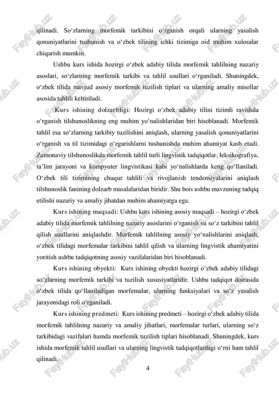 yonidagi va lingvistik tadqiqotlardagi ahamiyatini aniqlash. kurs ishining nazariy ahamiyati: mazkur tadqiqot o‘zbek tilshunosligida morfemik tahlilga oid nazariy bilimlarni kengaytirishga xizmat qiladi. so‘zlarning morfemik tarkibini chuqur tahlil qilish orqali ularning tuzilishi, yasalish qonuniyatlari va funksional xususiyatlari haqida aniq tasavvur shakllanadi. bu esa morfologiya va so‘z yasalish nazariyasini rivojlantirishga hissa qo‘shadi. shu bilan birga, ushbu ish tilshunoslik, leksikografiya va ta’lim sohalarida olib boriladigan ilmiy izlanishlar uchun muhim nazariy asos bo‘lib xizmat qiladi.2 kurs ishining tuzilmasi: tadqiqot quyidagi bo‘limlardan iborat: ikki bob , 6 ta bo‘lim , xulosa , foydalanilgan adabiyotlar va foydalanilgan saytlardan iborat. 2 o‘zbekiston respublikasi prezidentining 2020-yil 20-oktabrdagi pq-4856-son qarori. "o‘zbek tilini rivojlantirish va til siyosatini takomillashtirish bo‘yicha chora-tadbirlar to‘g‘risida". 6 i bob. morfemika va uning o‘rganish obyekti 1.1. morfemika fanining o‘zbek tilshunosligidagi o‘rni tilshunoslikning asosiy bo‘limlaridan biri bo‘lgan morfemika so‘zning tarkibiy qismlarini – morfemalarni o‘rganadi. morfemika so‘z yasalish qonuniyatlarini, morfemalarning shakllanish jarayonlarini va ularning tildagi vazifalarini tadqiq qiladi. …