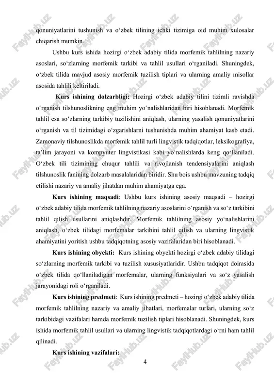 hlilning ta’lim jarayonidagi va lingvistik tadqiqotlardagi ahamiyatini aniqlash. kurs ishining nazariy ahamiyati: mazkur tadqiqot o‘zbek tilshunosligida morfemik tahlilga oid nazariy bilimlarni kengaytirishga xizmat qiladi. so‘zlarning morfemik tarkibini chuqur tahlil qilish orqali ularning tuzilishi, yasalish qonuniyatlari va funksional xususiyatlari haqida aniq tasavvur shakllanadi. bu esa morfologiya va so‘z yasalish nazariyasini rivojlantirishga hissa qo‘shadi. shu bilan birga, ushbu ish tilshunoslik, leksikografiya va ta’lim sohalarida olib boriladigan ilmiy izlanishlar uchun muhim nazariy asos bo‘lib xizmat qiladi.[footnoteref:2] [2: o‘zbekiston respublikasi prezidentining 2020-yil 20-oktabrdagi pq-4856-son qarori. "o‘zbek tilini rivojlantirish va til siyosatini takomillashtirish bo‘yicha chora-tadbirlar to‘g‘risida". ] kurs ishining tuzilmasi: tadqiqot quyidagi bo‘limlardan iborat: ikki bob , 6 ta bo‘lim , xulosa , foydalanilgan adabiyotlar va foydalanilgan saytlardan iborat. i bob. morfemika va uning o‘rganish obyekti 1.1. morfemika fanining o‘zbek tilshunosligidagi o‘rni tilshunoslikning asosiy bo‘limlaridan biri bo‘lgan morfemika so‘zning tarkibiy qismlarini – morfemalarni o‘rganadi. morfemika so‘z yasalish qonuniyatlarini, morfemalarning shakllanish jarayonlarini va ularning tildagi vazifalarini …