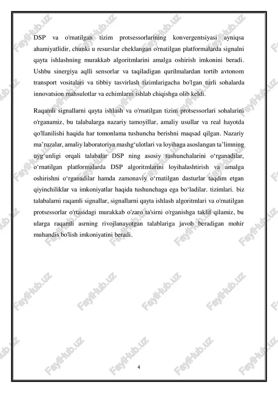 ki makonning muayyan nuqtalarida alohida, diskret qiymatlarga ega. har bir qiymat ikkilik raqamga (bit) mos keladi, odatda elektron davrlarda yuqori va past kuchlanish darajalari bilan ifodalanadi. ikkilik vakillik: raqamli signallar odatda ikkilik raqamlar (bitlar) yordamida ifodalanadi, bunda har bir bit ikkita mumkin bo'lgan holatdan birini qabul qilishi mumkin: 0 yoki 1. bu ikkilik raqamlar raqamli axborotning asosiy qurilish bloklari hisoblanadi. kvantlash: analogdan raqamliga o'tkazish uzluksiz analog signallarni diskret darajalarga kvantlashni o'z ichiga oladi. kvantlashning ruxsati raqamli tasvirning aniqligini aniqlaydi, yuqori aniqliklar esa nozik granularlikni ta'minlaydi. namuna olish: raqamli signallar vaqti-vaqti bilan diskret nuqtalarda ularning amplituda qiymatlarini olish uchun namuna olinadi. namuna olish tezligi soniyada (gts) yoki birlik masofadagi namunalarda o'lchanadi, namunalar olinadigan chastotani aniqlaydi. pulse kod modulyatsiyasi (pcm): pcm analog signallarni raqamli shaklga aylantirish uchun ishlatiladigan keng tarqalgan usuldir. bu analog signalni muntazam oraliqda tanlashni va har bir namunani ikkilik kodli so'zlarga kvantlashni o'z ichiga oladi. raqamli signallarni qayta ishlash …