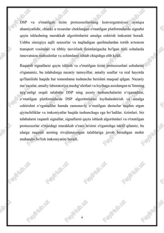 muayyan nuqtalarida alohida, diskret qiymatlarga ega. har bir qiymat ikkilik raqamga (bit) mos keladi, odatda elektron davrlarda yuqori va past kuchlanish darajalari bilan ifodalanadi. ikkilik vakillik: raqamli signallar odatda ikkilik raqamlar (bitlar) yordamida ifodalanadi, bunda har bir bit ikkita mumkin bo'lgan holatdan birini qabul qilishi mumkin: 0 yoki 1. bu ikkilik raqamlar raqamli axborotning asosiy qurilish bloklari hisoblanadi. kvantlash: analogdan raqamliga o'tkazish uzluksiz analog signallarni diskret darajalarga kvantlashni o'z ichiga oladi. kvantlashning ruxsati raqamli tasvirning aniqligini aniqlaydi, yuqori aniqliklar esa nozik granularlikni ta'minlaydi. namuna olish: raqamli signallar vaqti-vaqti bilan diskret nuqtalarda ularning amplituda qiymatlarini olish uchun namuna olinadi. namuna olish tezligi soniyada (gts) yoki birlik masofadagi namunalarda o'lchanadi, namunalar olinadigan chastotani aniqlaydi. pulse kod modulyatsiyasi (pcm): pcm analog signallarni raqamli shaklga aylantirish uchun ishlatiladigan keng tarqalgan usuldir. bu analog signalni muntazam oraliqda tanlashni va har bir namunani ikkilik kodli so'zlarga kvantlashni o'z ichiga oladi. raqamli signallarni qayta ishlash (dsp): raqamli …