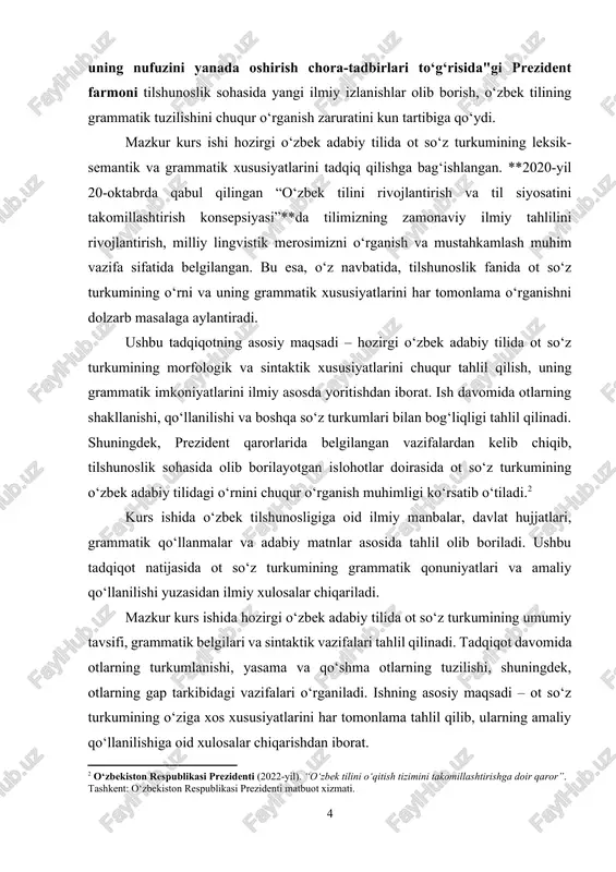 ng grammatik xususiyatlari chuqur tahlil qilinib, ularning adabiy til tizimidagi o‘rni aniqlanadi. kurs ishining dolzarbligi: hozirgi o‘zbek adabiy tili tizimida ot so‘z turkumi muhim o‘rin tutadi. u turli grammatik shakllarga ega bo‘lib, tilning lug‘aviy va grammatik tizimida asosiy bo‘g‘inlardan biri hisoblanadi. zamonaviy tilshunoslikda otning leksik-grammatik xususiyatlarini, turkumlanish tizimini va sintaktik rolini chuqur o‘rganish zarurati ortib bormoqda. til rivojlanishi bilan bog‘liq o‘zgarishlar, yangi atamalar va so‘z yasalish jarayonlari otlarning ahamiyatini yanada oshirmoqda. shuning uchun hozirgi o‘zbek adabiy tilida ot so‘z turkumining grammatik xususiyatlarini tahlil qilish dolzarb masalalardan biri hisoblanadi. kurs ishining maqsadi: ushbu kurs ishining asosiy maqsadi – hozirgi o‘zbek adabiy tilida ot so‘z turkumining leksik-semantik va grammatik xususiyatlarini har tomonlama tahlil qilishdir. shuningdek, otlarning morfologik tuzilishini, turlanishini va gap tarkibidagi vazifalarini aniqlash ham muhim maqsadlardan biridir. tadqiqot natijasida ot so‘z turkumining o‘zbek tili tizimidagi o‘rnini aniqlash va uning grammatik qonuniyatlarini yoritish ko‘zda tutiladi. kurs ishining vazifalari: ushbu kurs ishi doirasida …