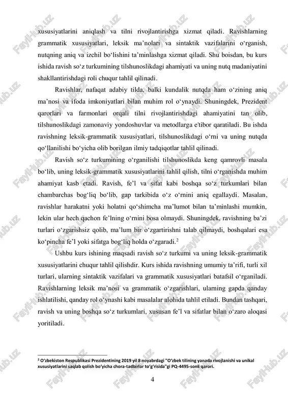 uning adabiy til va og‘zaki nutqdagi o‘rnini yaxshiroq anglashga yordam beradi. ravish so‘z turkumining mukammal tahlili, tilshunoslar uchun nafaqat ilmiy, balki amaliy jihatdan ham katta ahamiyatga ega bo‘lib, tilni o‘rganish va o‘rgatishda muhim vosita hisoblanadi. kurs ishining dolzarbligi: ravish so‘z turkumi, o‘zining leksik va grammatik xususiyatlari bilan nutqning ajralmas qismi hisoblanadi. u tilshunoslikda ko‘plab sohalarda, jumladan, sintaksis, morfologiya va leksikologiya sohalarida o‘rganilmoqda. ravishlar, ayniqsa, ma’lum bir harakatni, holatni yoki vaqtni ifodalashda tilning aniq va izchil ishlatilishiga katta ta’sir ko‘rsatadi. shu sababli, ravishlarni chuqur o‘rganish, tilshunoslikda nutqni tahlil qilishda, shuningdek, tilni o‘rgatish jarayonida muhim ahamiyatga ega. ravishlarning til strukturasidagi o‘rni va rolini o‘rganish, nafaqat tilshunoslar, balki lingvistika sohasidagi ilmiy tadqiqotchilar uchun ham dolzarb masala bo‘lib qolmoqda. shuningdek, ravishlarning badiiy va ilmiy nutqda qo‘llanishi, ularning stilistik xususiyatlarini o‘rganish adabiyotshunoslikda ham ahamiyatlidir. kurs ishining maqsadi: ushbu kurs ishining asosiy maqsadi ravish so‘z turkumining leksik-grammatik xususiyatlarini batafsil tahlil qilishdir. kurs ishida quyidagi maqsadlar amalga …