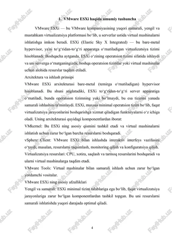 optimallashtirish imkonini beruvchi virtualizatsiya platformasidir. uning minimal tizim talablari va samarali ishlash prinsipi, uni yirik korporativ ma'lumot markazlari va bulutli infratuzilmalarda keng qo‘llash imkoniyatini yaratadi. shuningdek, esxi tizimi ko‘plab avtonom resurslarni boshqarish va xavfsiz virtual muhitarni yaratishda muhim rol o‘ynaydi. 2. vmware esxi va boshqa virtualizatsiya texnologiyalari orasidagi taqqoslash virtualizatsiya texnologiyalari tizimlar va ma'lumot markazlarida resurslarni samarali boshqarish va ulardan maksimal darajada foydalanish imkonini beradi. bugungi kunda bir nechta mashhur virtualizatsiya texnologiyalari mavjud, shu jumladan vmware esxi, microsoft hyper-v, citrix xenserver va boshqalar. har bir texnologiya o‘zining xususiyatlari, afzalliklari va kamchiliklariga ega, va ular turli holatlarda turli ehtiyojlarni qondiradi. quyida vmware esxi ning boshqa virtualizatsiya texnologiyalari bilan taqqoslanishi keltirilgan. arxitektura va ishlash prinsipi xususiyat vmware esxi microsoft hyper-v citrix xenserver hypervisor turi bare-metal (to‘g‘ridan-to‘g‘ri apparatga o‘rnatiladigan) bare-metal va host-based (windows server ustida ishlaydi) bare-metal (to‘g‘ridan-to‘g‘ri apparatga o‘rnatiladigan) arxitektura minimalistik, faqat virtualizatsiya jarayonlari uchun zarur komponentlar hyper-v manager orqali boshqarish, windows …