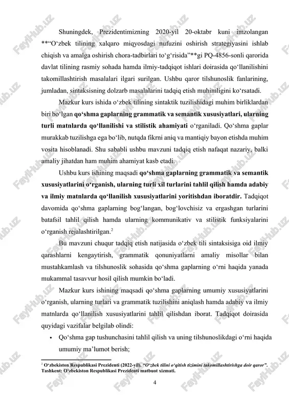 ini real misollar asosida tahlil qilish; ushbu tadqiqot natijalari tilshunoslikning sintaksis bo‘limini chuqurroq anglashga, shuningdek, yozma va og‘zaki nutqda qo‘shma gaplardan samarali foydalanish ko‘nikmalarini shakllantirishga xizmat qiladi. kurs ishining dolzarbligi: tilshunoslikda sintaksis masalalarini o‘rganish, ayniqsa, murakkab tuzilishga ega bo‘lgan gap shakllarini tahlil qilish muhim ahamiyat kasb etadi. qo‘shma gaplar nafaqat grammatik, balki kommunikativ jihatdan ham nutqning asosiy birliklaridan biri hisoblanadi. bugungi kunda yozma va og‘zaki nutqning to‘g‘ri, aniq va ravon bo‘lishi muhim sanaladi. shuning uchun qo‘shma gaplarning tuzilishi, ularning turlari va qo‘llanilish xususiyatlarini o‘rganish dolzarb masalalardan biridir. qo‘shma gaplarning o‘rganilishi tilshunoslik nazariyasi va amaliyotida katta ahamiyatga ega. xususan, zamonaviy lingvistika, tarjima nazariyasi, stilistika va pragmatika sohalarida qo‘shma gaplarning o‘rni chuqur tahlil qilinmoqda. bugungi globallashuv sharoitida turli tillardagi matnlarni tarjima qilish, ilmiy va publitsistik uslubda aniq va tushunarli fikr bildirishda qo‘shma gaplarning to‘g‘ri ishlatilishi muhim sanaladi. shuningdek, maktab va oliy ta’lim muassasalarida ona tilini o‘qitishda ham qo‘shma gaplarning grammatik va semantik …