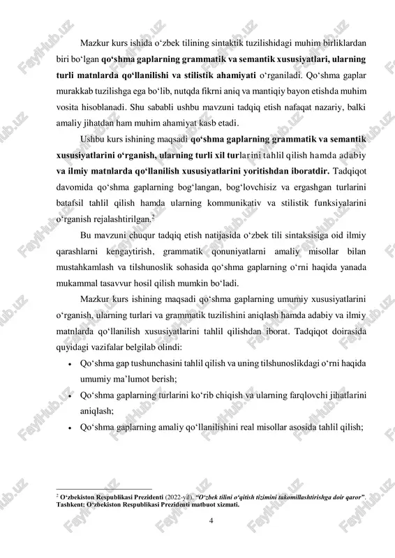 . 5 ushbu tadqiqot natijalari tilshunoslikning sintaksis bo‘limini chuqurroq anglashga, shuningdek, yozma va og‘zaki nutqda qo‘shma gaplardan samarali foydalanish ko‘nikmalarini shakllantirishga xizmat qiladi. kurs ishining dolzarbligi: tilshunoslikda sintaksis masalalarini o‘rganish, ayniqsa, murakkab tuzilishga ega bo‘lgan gap shakllarini tahlil qilish muhim ahamiyat kasb etadi. qo‘shma gaplar nafaqat grammatik, balki kommunikativ jihatdan ham nutqning asosiy birliklaridan biri hisoblanadi. bugungi kunda yozma va og‘zaki nutqning to‘g‘ri, aniq va ravon bo‘lishi muhim sanaladi. shuning uchun qo‘shma gaplarning tuzilishi, ularning turlari va qo‘llanilish xususiyatlarini o‘rganish dolzarb masalalardan biridir. qo‘shma gaplarning o‘rganilishi tilshunoslik nazariyasi va amaliyotida katta ahamiyatga ega. xususan, zamonaviy lingvistika, tarjima nazariyasi, stilistika va pragmatika sohalarida qo‘shma gaplarning o‘rni chuqur tahlil qilinmoqda. bugungi globallashuv sharoitida turli tillardagi matnlarni tarjima qilish, ilmiy va publitsistik uslubda aniq va tushunarli fikr bildirishda qo‘shma gaplarning to‘g‘ri ishlatilishi muhim sanaladi. shuningdek, maktab va oliy ta’lim muassasalarida ona tilini o‘qitishda ham qo‘shma gaplarning grammatik va semantik xususiyatlarini chuqur o‘rganish til …