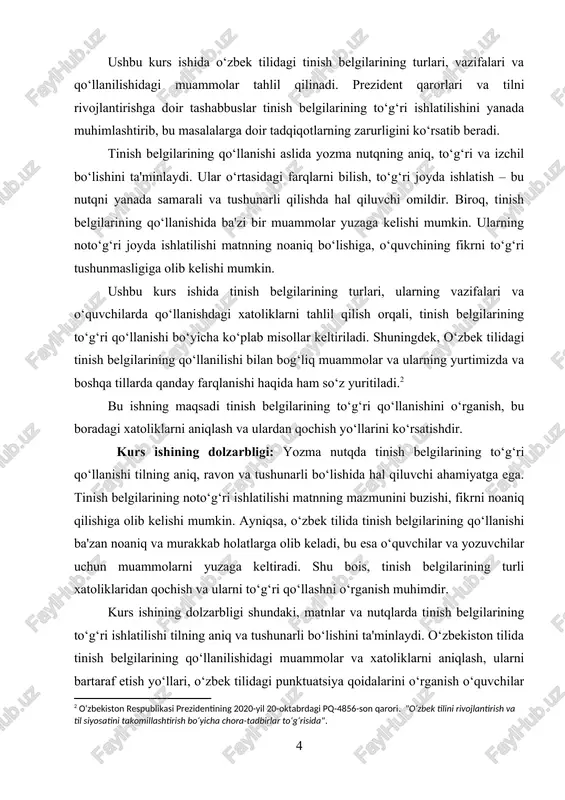 anilishidagi muammolar va xatoliklarni aniqlash, ularni bartaraf etish yo‘llari, o‘zbek tilidagi punktuatsiya qoidalarini o‘rganish o‘quvchilar va tilshunoslar uchun muhim ahamiyatga ega. bu ish, shuningdek, boshqa tillardagi punktuatsiya tizimlari bilan taqqoslash va farqlarni aniqlashda ham foydali bo‘ladi. kurs ishining maqsadi: ushbu kurs ishining asosiy maqsadi tinish belgilarining turlari, vazifalari va qo‘llanishidagi muammolarni o‘rganishdir. kurs ishida quyidagi maqsadlar belgilab olinadi: · tinish belgilarining turlari va vazifalarini o‘rganish: nuqta, vergul, so‘roq belgisi, undirish belgisi, tirnoq, ikki nuqta, nuqta-vergul kabi tinish belgilarining vazifalari va qo‘llanish joylarini aniqlash. · tinish belgilarining qo‘llanishidagi xatoliklarni tahlil qilish: o‘zbek tilidagi tinish belgilarining noto‘g‘ri qo‘llanishiga sabab bo‘luvchi omillarni aniqlash va ularni bartaraf etish yo‘llarini ko‘rsatish. · tinish belgilarining yozma va og‘zaki nutqdagi o‘rni: tinish belgilarining matnda va og‘zaki nutqda qanday farqlanishini tahlil qilish. bu maqsadlar asosida kurs ishi tilshunoslar, o‘quvchilar va yozuvchilar uchun dolzarb bo‘lgan punktuatsiya masalalariga yechim topish, tinish belgilarining to‘g‘ri qo‘llanishini targ‘ib qilishga xizmat qiladi. kurs ishining …