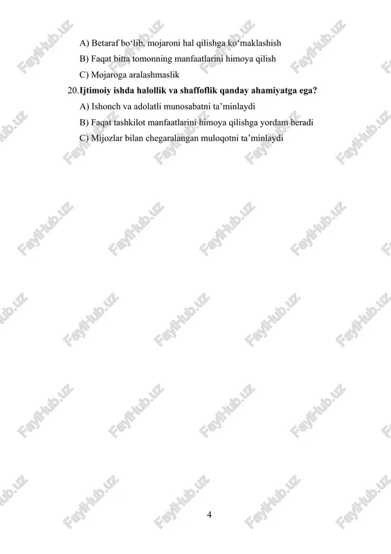 hurmat, betaraflik va axloqiy me’yorlarga b) faqat o‘z manfaatlarini himoya qilishga c) faqat rahbariyat talablariga bo‘ysunishga 2. mijozlarning shaxsiy ma’lumotlarini oshkor qilish qanday oqibatlarga olib kelishi mumkin? a) ishonch yo‘qolishi va kasbiy obro‘ning tushishi b) ish samaradorligining oshishi c) mijozlarning roziligini oshirish 3. mijozlarning shaxsiy hayotiga aralashishda asosiy qoidalar qanday? a) faqat mijozning roziligi bilan aralashish b) mijoz hayotiga to‘liq aralashish c) faqat ish beruvchi talab qilganda aralashish 4. ijtimoiy ish mutaxassisi manfaatlar to‘qnashuvi yuzaga kelganda qanday yo‘l tutishi lozim? a) mijozning manfaatlarini birinchi o‘ringa qo‘yish b) faqat o‘z shaxsiy manfaatlarini himoya qilish c) faqat rahbariyatning ko‘rsatmalariga amal qilish 5. ijtimoiy ishda mijozlarning diniy, etnik yoki ijtimoiy kelib chiqishi qanday e’tiborga olinishi kerak? a) har qanday kamsitishlardan tiyili sh va hurmat bilan yondashish b) faqat tashkilot qoidalariga moslashish c) mijozning kelib chiqishini inobatga olmaslik 6. ijtimoiy ishda mijozlarning roziligisiz ma’lumotlar ulashilishi mumkinmi? a) yo‘q, faqat qonuniy asos bo‘lsa oshkor qilinishi …