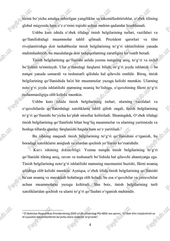 aniqlash, ularni bartaraf etish yo‘llari, o‘zbek tilidagi punktuatsiya qoidalarini o‘rganish o‘quvchilar va tilshunoslar uchun muhim ahamiyatga ega. bu ish, shuningdek, boshqa tillardagi punktuatsiya tizimlari bilan taqqoslash va farqlarni aniqlashda ham foydali bo‘ladi. kurs ishining maqsadi: ushbu kurs ishining asosiy maqsadi tinish belgilarining turlari, vazifalari va qo‘llanishidagi muammolarni o‘rganishdir. kurs ishida quyidagi maqsadlar belgilab olinadi:  tinish belgilarining turlari va vazifalarini o‘rganish: nuqta, vergul, so‘roq belgisi, undirish belgisi, tirnoq, ikki nuqta, nuqta-vergul kabi tinish belgilarining vazifalari va qo‘llanish joylarini aniqlash.  tinish belgilarining qo‘llanishidagi xatoliklarni tahlil qilish: o‘zbek tilidagi tinish belgilarining noto‘g‘ri qo‘llanishiga sabab bo‘luvchi omillarni aniqlash va ularni bartaraf etish yo‘llarini ko‘rsatish.  tinish belgilarining yozma va og‘zaki nutqdagi o‘rni: tinish belgilarining matnda va og‘zaki nutqda qanday farqlanishini tahlil qilish. bu maqsadlar asosida kurs ishi tilshunoslar, o‘quvchilar va yozuvchilar uchun dolzarb bo‘lgan punktuatsiya masalalariga yechim topish, tinish belgilarining to‘g‘ri qo‘llanishini targ‘ib qilishga xizmat qiladi. kurs ishining obyekti: kurs ishining obyekti …