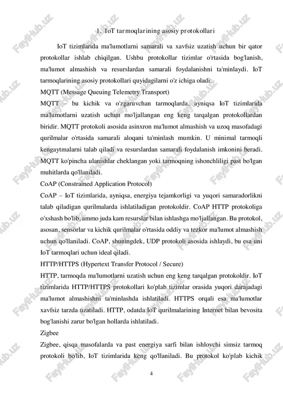 i ta'minlaydigan muhim elementlardir. har bir protokol o'ziga xos xususiyatlarga ega bo'lib, ularning har biri ma'lum turdagi iot qurilmalari va ilovalariga mos keladi. misol uchun, mqtt va coap tarmoqni kengaytirishda, ble va zigbee qisqa masofalarda ma'lumot uzatishda qo'llaniladi. nb-iot va lorawan esa uzoq masofali tarmoqlarni ta'minlashda muhim rol o'ynaydi. iot tizimlarida protokollarni tanlashda energiya samaradorligi, tezlik, tarmoqlarning kengaytirilganligi va xavfsizlik kabi faktorlar hisobga olinadi. 6 2. yangi iot protokollarining tavsifi va qo‘llanilishi iot tizimlarining rivojlanishi va ulkan o‘sishiga paralel ravishda, yangi va ilg‘or protokollar ishlab chiqilmoqda. ushbu protokollar iot tarmoqlarining samaradorligini oshirish, energiya tejamkorligini ta'minlash, ma'lumot uzatishning ishonchliligini oshirish va xavfsizlikni kuchaytirish maqsadida ishlab chiqilgan. quyida yangi iot protokollarining tavsifi va ularning amaliy qo‘llanilishi keltirilgan. nb-iot (narrowband iot) nb-iot — bu mobil tarmoq texnologiyasi bo'lib, iot qurilmalari o'rtasida uzoq masofada samarali va past energiya sarfi bilan ma'lumot almashishga mo'ljallangan. bu protokol, asosan, kichik paketlarni uzoq masofalarga uzatishda ishlatiladi va keng …