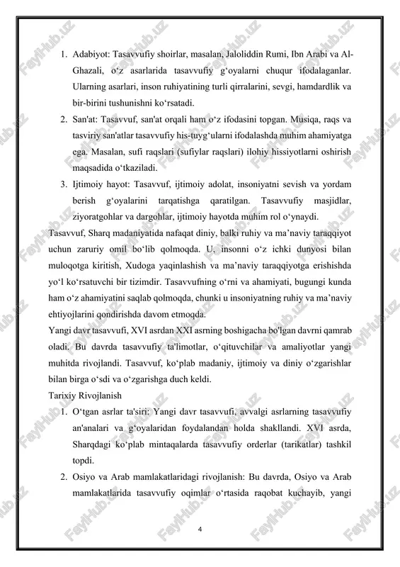ashish, ichki tinchlik va o‘z-o‘zini anglashga qaratilgan amaliyotlar muhim ahamiyatga ega. 2. zamonaviy kontekst yangi davr tasavvufi, zamonaviy hayotning o‘zgarishlariga javob berishga harakat qiladi. bu, tasavvufiy ta'limotlar va amaliyotlarning zamonaviy fan, falsafa va ijtimoiy sharoitlar bilan integratsiyasini o‘z ichiga oladi. 3. interkultural aloqalar yangi davr tasavvufi, turli madaniyatlar va an'analarning o‘zaro aloqasi bilan boyitilgan. bu, tasavvufiy g‘oyalar va amaliyotlarning global miqyosda tarqalishini ta'minlaydi. turli madaniyatlar o‘rtasida samimiylik va o‘zaro tushunishni rag‘batlantirishga qaratilgan tashabbuslarni ko‘rsatadi. 4. ommaviylashish yangi davr tasavvufi, keng ommaga, jumladan, yoshlar va ijtimoiy guruhlar o‘rtasida keng tarqalmoqda. tasavvufiy ta'limotlar, seminarlar, treninglar va guruh faoliyatlari orqali ommalashmoqda. bu jarayon, tasavvufiy fikrlarni va g‘oyalarni jamiyatga yanada yaqinlashtirishga qaratilgan. 5. raqamli texnologiyalardan foydalanish zamonaviy tasavvuf, raqamli texnologiyalar va internet orqali tarqatilmoqda. onlayn kurslar, vebinarlar, ijtimoiy tarmoqlar va boshqa platformalar orqali tasavvufiy g‘oyalar va amaliyotlar ommalashmoqda. bu, ko‘plab insonlarga tasavvufiy ta'limotlarga erishish imkonini beradi. 6. innovatsion yondashuv yangi davr tasavvufi, innovatsion yondashuvlar …