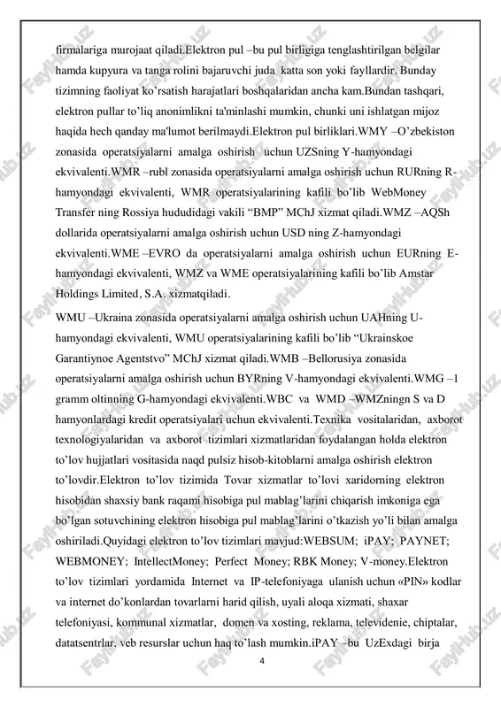 haq to’lash mumkin.ipay –bu uzexdagi birja 5 savdolarida, www.uzbex.com global savdo maydonchasida, hamda ipay tizimiga qo’shilgan internet do’konlarda onlayn to’lovlarni amalga oshirish imkonini beruvchi, o’zbekiston respublikasi tovar hom-ashyo birjasining to’lov tizimidir.internet- banking –bankdagi hisob raqamni internet orqali boshqarish imkoniyatini beradigan xizmat. internet banking tizimida samarali ishlash uchun internetga ulangan va internet brouzerga ega kompyuter bo’lishi etarli hisoblanadi.internet-banking imkoniyatlari quyidagilarni bajarishga imkon beradi:bankka barcha turdagi moliyaviy hujjatlarni yuborish;istalgan davr uchun bankdagi hisob raqamlardan ko’chirmalar va ularga tegishli boshqa hujjatlarni olish;haqiqiy vaqt tartibida to’lov hujjatlari bank ishlovidan o’tishining barcha bosqichlarini kuzatish; xatolar to’g’risida xabarlarni tezkor olish;kirim va chiqim to’lov hujjatlarini ko’rish va chop etish.internet-banking va bankdan tashqari elektronto’lovlar tizimlarining yanada rivojlanish jarayonida onlayn sotuvlar sektorida jadal o’sishni kutish lozim, bunda ulgurji va chakana savdo bilan shug’ullanuvchi barcha kompaniyalar internet tarmog’i orqali tovarlarini bemalol sotishlari mumkin bo’ladi.to’lovlarning bankdan tashqari sektorini rivojlantirishning keyingi bosqichi bu mobil to’lovlar tizimlari bo’ldi.elektron karmon -bu elektron pullarni saqlash …