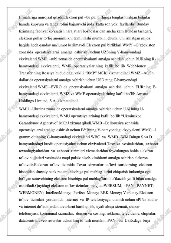 h mumkin.ipay –bu uzexdagi birja savdolarida, www.uzbex.com global savdo maydonchasida, hamda ipay tizimiga qo’shilgan internet do’konlarda onlayn to’lovlarni amalga oshirish imkonini beruvchi, o’zbekiston respublikasi tovar hom-ashyo birjasining to’lov tizimidir.internet-banking –bankdagi hisob raqamni internet orqali boshqarish imkoniyatini beradigan xizmat. internet banking tizimida samarali ishlash uchun internetga ulangan va internet brouzerga ega kompyuter bo’lishi etarli hisoblanadi.internet-banking imkoniyatlari quyidagilarni bajarishga imkon beradi:bankka barcha turdagi moliyaviy hujjatlarni yuborish;istalgan davr uchun bankdagi hisob raqamlardan ko’chirmalar va ularga tegishli boshqa hujjatlarni olish;haqiqiy vaqt tartibida to’lov hujjatlari bank ishlovidan o’tishining barcha bosqichlarini kuzatish; xatolar to’g’risida xabarlarni tezkor olish;kirim va chiqim to’lov hujjatlarini ko’rish va chop etish.internet-banking va bankdan tashqari elektronto’lovlar tizimlarining yanada rivojlanish jarayonida onlayn sotuvlar sektorida jadal o’sishni kutish lozim, bunda ulgurji va chakana savdo bilan shug’ullanuvchi barcha kompaniyalar internet tarmog’i orqali tovarlarini bemalol sotishlari mumkin bo’ladi.to’lovlarning bankdan tashqari sektorini rivojlantirishning keyingi bosqichi bu mobil to’lovlar tizimlari bo’ldi.elektron karmon -bu elektron pullarni saqlash uchun mo’ljallangan vosita.tovarlarni …