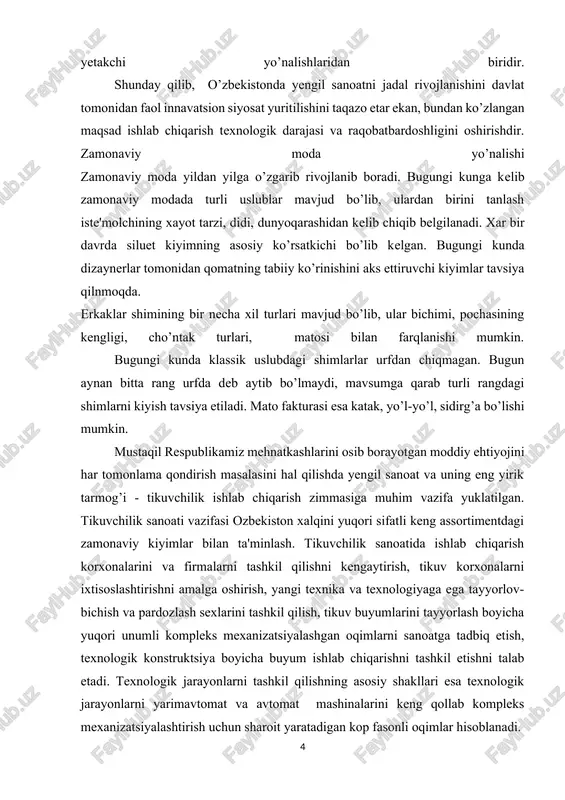 uchun boshlang’ich ma'lumotlarni ishlab chiqish kiyimni loyixalash kiyimga qo’yiladigan talablardan boshlanadi. kiyim avvalo iste'molchiga oid sifat ko’rsatkichlariga talab berishi lozim. iste'molchining talabi o’z navbatida quyidagilarga bo’linadi: 1. gigienik talab. 2. ekspluatatsion talab. 3. estetik talab. gigienik talablar deganda, shuni tushuniladiki, kiyimdan foydalanganda kiyim odam sog’lig’iga zarar yetkazmasligi, erkin xarakatlanish vaktida xalaqit bermasligi kerak, ya'ni yozda kiyiladigan kiyimlar yengil, xavo o’tkazuvchan bo’lishi, quyosh nurini qaytaruvchan bo’lishi, namni shimuvchan bo’lishi kerak. bunda gazlama asosiy rol o’ynaydi. kiyim tabiiy tolali gazlamalardan tikilishi talab qilinadi. masalan: paxta, ipak, jun, zig’ir tolali gazlamalar juda yaxshi, gigienik xisoblanadi. ekspluatasion talablar deganda, kiyimning vazifasiga va foydalanish sharoitlariga mosligi, qulayligi, chidamliligi, ishonchliligi, formasining barqarorligi tushuniladi. kiyilish davrida kiyim turli mexanikaviy va biologik ta'sirlarga duch keladi, nam vaqtida buraladi. kiyim ana shu ta'sirlarga chidamli bo’lishi kerak.bunday ta'sirlardan kiyim sitiladigan, cho’ziladigan, rangini o’zgartiradigan yoki g’ijimlanadigan bo’lsa, u uzoqqa chidamaydi. shuning uchun gazlamaning xususiyatlarini e'tiborga olgan xolda kiyim modelini to’g’ri tanlash …