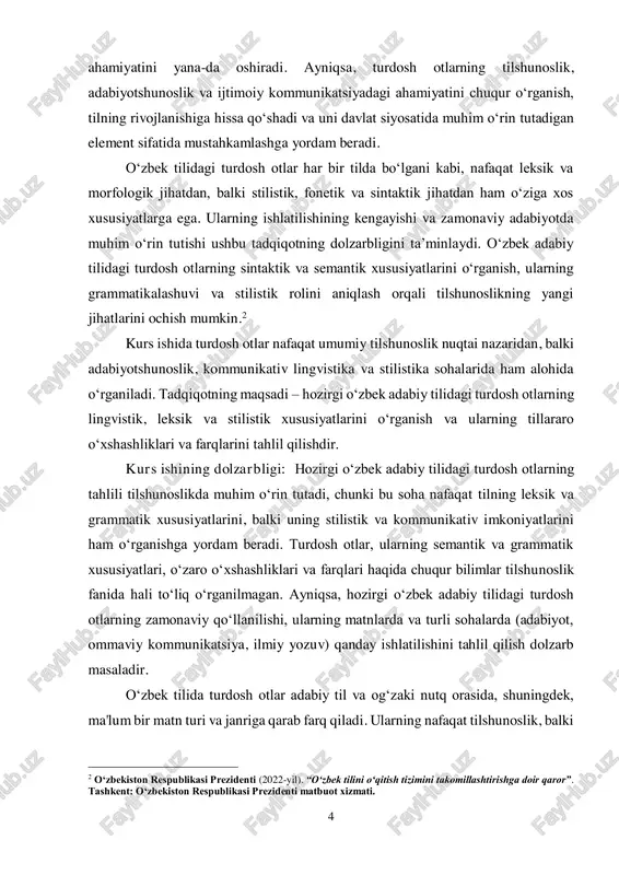 farq qiladi. ularning nafaqat tilshunoslik, balki 2 o‘zbekiston respublikasi prezidenti (2022-yil). “o‘zbek tilini o‘qitish tizimini takomillashtirishga doir qaror”. tashkent: o‘zbekiston respublikasi prezidenti matbuot xizmati. 5 stilistika va adabiyotshunoslik sohalarida o‘rganilishi tilning estetik, poetik va funksional jihatlariga ham ta’sir ko‘rsatadi. aynan shu sababli, hozirgi kunda turdosh otlarning tilshunoslik nuqtai nazaridan o‘rganilishi muhim ahamiyatga ega. ushbu tadqiqot, oʻzbek adabiy tilining mukammallashuvi va uning turli janrlarda ishlatilishidagi xususiyatlarini aniqlashda yordam beradi. shuningdek, turdosh otlarning o‘zaro farqlari va o‘xshashliklarini tahlil qilish orqali tilning strukturaviy va semantik jihatlariga yangicha yondashuvlar taklif qilish mumkin. kurs ishi, shuningdek, zamonaviy tilshunoslik, stilistika va adabiyotshunoslik fanlarida turdosh otlarning o‘rni va ahamiyatini yaxshiroq tushunishga imkon yaratadi. kurs ishining maqsadi: ushbu kurs ishining asosiy maqsadi – hozirgi o‘zbek adabiy tilida turdosh otlarning lingvistik, semantik va stilistik xususiyatlarini o‘rganish va ularning tilshunoslikdagi ahamiyatini aniqlashdir. turdosh otlar o‘zining ma'no va struktura jihatdan o‘ziga xos xususiyatlari bilan tilshunoslikda alohida o‘rin tutadi. shuning uchun, ushbu …