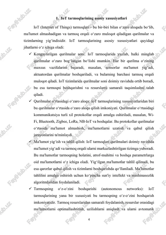 zlikdagi uzatish: iot tizimlari real vaqt rejimida ishlashi kerak bo‘lgan tizimlar bo‘lib, tarmoqning kechikishi minimal bo‘lishi va ma'lumotlar tez va samarali uzatilishi talab etiladi. tarmoqning ishlash samaradorligi va tezligi iot tizimlarining muvaffaqiyatli ishlashida muhim omillardan biridir. iot tarmoqlari yuqoridagi xususiyatlar bilan boshqa an'anaviy tarmoqlardan farq qiladi. ularning o‘ziga xosligi, kengaytirilgan qurilmalar tarmog‘i, samaradorlik va xavfsizlikni ta'minlash zaruriyati, shuningdek, yangi texnologiyalarni qo‘llash zarurati buni yanada murakkablashtiradi. bu xususiyatlar iot tizimlarining faoliyatini optimallashtirish va tarmoqni samarali boshqarish uchun yangi yondashuvlar va texnologiyalarni ishlab chiqishni talab qiladi. 2. tarmoqni boshqarishning asosiy usullari tarmoqni boshqarish – bu tarmoq resurslarini samarali tarzda boshqarish va ularning ishlashini ta'minlashni nazarda tutadigan jarayon. tarmoq boshqaruvi tarmoqning barqaror ishlashini, xavfsizlikni, foydalanuvchi ehtiyojlarini qondirishni va tarmoq resurslarining optimal ishlatilishini ta'minlashga qaratilgan. tarmoqni boshqarishning asosiy usullari mavjud bo'lib, ular har biri o'ziga xos afzalliklar va kamchiliklarga ega. quyida tarmoqni boshqarishning asosiy usullari kengroq tavsiflanadi. markazlashgan boshqaruv markazlashgan boshqaruv usuli – bu …