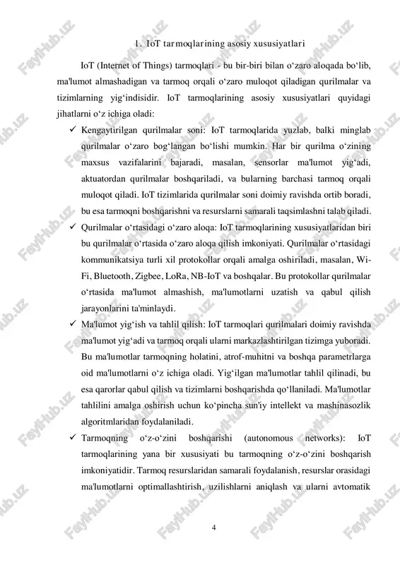 a yuqori tezlikdagi uzatish: iot tizimlari real vaqt rejimida ishlashi kerak bo‘lgan tizimlar bo‘lib, tarmoqning kechikishi minimal bo‘lishi va ma'lumotlar tez va samarali uzatilishi talab etiladi. tarmoqning ishlash samaradorligi va tezligi iot tizimlarining muvaffaqiyatli ishlashida muhim omillardan biridir. iot tarmoqlari yuqoridagi xususiyatlar bilan boshqa an'anaviy tarmoqlardan farq qiladi. ularning o‘ziga xosligi, kengaytirilgan qurilmalar tarmog‘i, samaradorlik va xavfsizlikni ta'minlash zaruriyati, shuningdek, yangi texnologiyalarni qo‘llash zarurati buni yanada murakkablashtiradi. bu xususiyatlar iot tizimlarining faoliyatini optimallashtirish va tarmoqni samarali boshqarish uchun yangi yondashuvlar va texnologiyalarni ishlab chiqishni talab qiladi. 6 2. tarmoqni boshqarishning asosiy usullari tarmoqni boshqarish – bu tarmoq resurslarini samarali tarzda boshqarish va ularning ishlashini ta'minlashni nazarda tutadigan jarayon. tarmoq boshqaruvi tarmoqning barqaror ishlashini, xavfsizlikni, foydalanuvchi ehtiyojlarini qondirishni va tarmoq resurslarining optimal ishlatilishini ta'minlashga qaratilgan. tarmoqni boshqarishning asosiy usullari mavjud bo'lib, ular har biri o'ziga xos afzalliklar va kamchiliklarga ega. quyida tarmoqni boshqarishning asosiy usullari kengroq tavsiflanadi. markazlashgan boshqaruv markazlashgan boshqaruv …