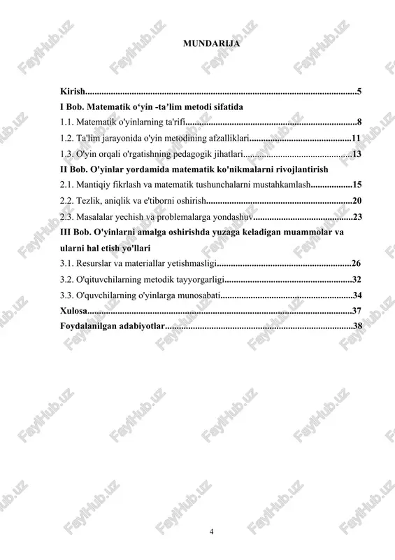 qobiliyatlarini shakllantiradi va o'z ijodiy imkoniyatlarini namoyon qilishadi. · interaktiv va hamkorlik muhitini yaratish: o'yinlar o'quvchilar o'rtasida sog'lom raqobat va o'zaro hamkorlik muhitini rivojlantiradi. bu ularning jamoada ishlash ko'nikmalarini mustahkamlaydi. · innovatsion yondashuvlarni qo'llash imkoniyati: bugungi kunda ta'lim jarayonida zamonaviy texnologiyalar va interaktiv usullarni qo'llash zarurati mavjud. matematik o'yinlar bu talabga javob beradigan samarali vositalardan biridir.[footnoteref:1] [1: mirzaeva, d. f. (2018). o‘qitishda innovatsion metodlar: o‘quvchilarni faollashtirish va motivatsiya qilish. toshkent: ma’naviyat. ] · hayotiy ko'nikmalarni rivojlantirish: o'yinlar orqali o'quvchilar nazariy bilimlarini real hayotiy vaziyatlarda qo'llashni o'rganadilar. matematik o'yinlarning ta'lim jarayonidagi roli va samaradorligi tufayli, ushbu mavzu bugungi ta'lim metodikasida dolzarb bo'lib, uni chuqur o'rganish va tahlil qilish o'quv jarayonini yanada samarali qilishga xizmat qiladi. bu kurs ishi ta'lim sohasida o'yin metodining qo'llanilishini o'rganishga, uning afzalliklari va imkoniyatlarini ochib berishga qaratilgan. tadqiqot vazifalari: · matematik o'yinlarning ta'rifi va turlarini o'rganish. · matematik o'yinlarning ta'lim jarayonidagi ahamiyatini tahlil qilish. · o'yinlarning matematik …