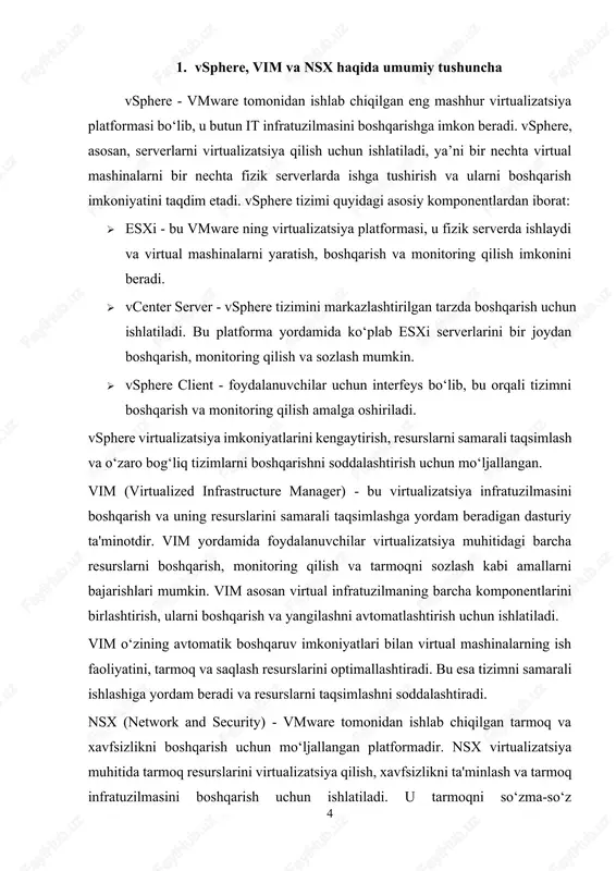 hlash prinsiplari vim (virtualized infrastructure manager) va nsx (network and security) integratsiyasi virtual infratuzilma tizimlarining samarali boshqarilishi va xavfsizligini ta’minlashda muhim ahamiyatga ega. ularning birgalikda ishlashi virtualizatsiya va tarmoqni boshqarishning yangi imkoniyatlarini yaratadi, ayniqsa, virtual mashinalar va tarmoq resurslarining dinamik boshqaruvi nuqtai nazaridan. quyida vim va nsx integratsiyasining arxitektura va ishlash prinsiplarini batafsil tushuntirib beramiz. vim va nsx arxitekturasi vim va nsx integratsiyasi asosan quyidagi asosiy komponentlardan tashkil topgan: vim (virtualized infrastructure manager) vim virtual infratuzilmani boshqarish va monitoring qilish uchun ishlatiladigan dasturiy ta'minot bo‘lib, u virtual mashinalarning ishlashini, tarmoq va saqlash resurslarini boshqarishni ta’minlaydi. vim quyidagi vazifalarni bajaradi: resurslarni boshqarish: virtual mashinalarni yaratish, o‘chirish, ko‘paytirish va ularning resurslarini (cpu, ram, saqlash) taqsimlash. monitoring va hisobot: virtual mashinalarning ishlashini monitoring qilish, tarmoq va saqlash resurslarining holatini kuzatish. avtomatik resurs taqsimoti: vim resurslarni talabga qarab avtomatik tarzda taqsimlaydi va virtual infratuzilmaning samarali ishlashini ta'minlaydi. nsx (network and security) nsx vmware ning …