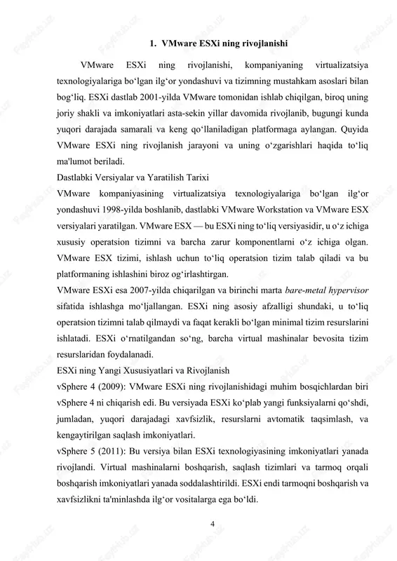 a oshiriladi. kelajakda vmware esxi texnologiyalarining yanada rivojlanishi va bulut texnologiyalari bilan integratsiyalashuvi kutilmoqda. bu o‘zgarishlar kompaniyalar uchun yanada samarali va moslashuvchan virtualizatsiya infratuzilmasini yaratishga imkon beradi. 2. vmware esxi ning kamchiliklari va cheklovlari vmware esxi, dunyo bo‘ylab keng qo‘llanilayotgan va samarali virtualizatsiya platformalaridan biri bo‘lishiga qaramay, uning ba'zi kamchiliklari va cheklovlari mavjud. quyida vmware esxi ning asosiy kamchiliklari va cheklovlari keltirilgan: qo‘llab-quvvatlash va lisensiya yuqori narxlar: vmware esxi ning eng katta kamchiliklaridan biri uning narxi hisoblanadi. esxi ning professional versiyalari va qo‘shimcha funksiyalar (masalan, vcenter server, vmotion, drs, va ha kabi xizmatlar) faqat pulli licenziya asosida taqdim etiladi. bu esa kichik bizneslar uchun qimmat bo‘lishi mumkin, chunki ular uchun cheklangan budjet bilan ishlashda muammolar yuzaga kelishi mumkin. licenziya cheklovlari: vmware esxi ning bepul versiyasi mavjud bo‘lsa-da, uning imkoniyatlari juda cheklangan. bepul versiyada, masalan, vcenter server, vmotion va boshqa yirik xususiyatlar yo‘q. bu holat ko‘plab foydalanuvchilar uchun xizmatlarning cheklangan bo‘lishiga …