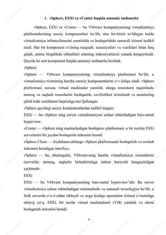 ydan boshqarish imkonini beradi. bu uch komponent o‘zaro bog‘langan bo‘lib, birgalikda virtualizatsiya infratuzilmasining samarali boshqarilishini ta'minlaydi. 2. vmware esxi, vcenter va vsphere arxitekturasi vmware esxi, vcenter va vsphere o‘rtasidagi arxitektura, bu tizimlarning o‘zaro qanday ishlashini va qanday integratsiya qilishini tushunish uchun muhimdir. bu platformalar bir-biri bilan o‘zaro aloqada bo‘lib, virtualizatsiya infratuzilmasining ishlashini ta'minlaydi. quyida har bir komponentning arxitekturasi va ularning o‘zaro aloqalari tushuntirilgan. vmware esxi arxitekturasi esxi — bu bare-metal hypervisor bo‘lib, virtual mashinalar (vm) yaratish va ularga tizim resurslarini taqsimlash imkonini beradi. esxi serveri fizik apparatga bevosita o‘rnatiladi va operatsion tizim sifatida ishlaydi. esxi arxitekturasi quyidagi asosiy komponentlardan iborat: · esxi hypervisor: esxi tizimining o‘zi, ya'ni bare-metal hypervisor, bu serverda virtual mashinalarni yaratish va boshqarish uchun ishlatiladi. · vmkernel: esxi tizimining markaziy yadrosi bo‘lib, u virtual mashinalar uchun tizim resurslarini taqsimlash, tarmoqni boshqarish, saqlash va xavfsizlikni ta'minlash kabi vazifalarni bajaradi. · virtual machine monitor (vmm): bu komponent virtual mashinalar …