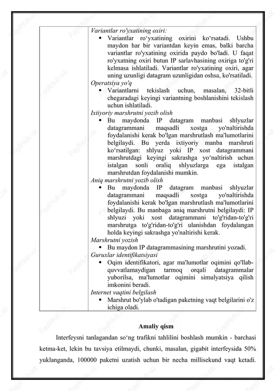 ask 255.255.255.0. agar tahlil qilish uchun faqat quyi tarmoqqa kiruvchi trafikni ko‘rish kerak bo‘lsa, filtrlardan biri tanlanadi: · dst net 192.168.0.0/24. agar foydalanuvchi brauzerda sahifalarni ochmayotganidan shikoyat qilsa, muammo dns serverida (port 53) yoki http protokolida (port 80) bo‘lishi mumkin, keyin “port” filtri yordamida trafikni ushlash mumkin. wireshark ilovasini o‘rnatishdan so‘ng dasturni asosiy menyusida sozlanmalarni topish mumkin. wiresharkni root foydalanuvchi huquqlari bilan ishga tushirish kerak, aks holda u tarmoq paketlarini tahlil qila olmaydi. buni asosiy menyudan yoki terminal orqali kde buyrug‘i yordamida amalga oshirsa bo‘ladi. dasturning asosiy oynasi uch qismga bo‘lingan: · birinchi ustunda tahlil qilish uchun mavjud bo‘lgan tarmoq interfeyslari ro‘yxati; ikkinchisida fayllarni ochish variantlari; · uchinchisi yordam. tarmoq trafigini tahlil qilish. tahlilni boshlash uchun tarmoq interfeysi tanlanadi, masalan, eth0 va start tugmasi bosiladi (3.1-rasm). 3.3-rasm. tahlilni boshlash oynasi ip protokoli asosida tahlil qilingan natijalarni quyidagi rasmda keltirilgan. 3.4-rasm. tahlil natijalari quyida ip.addr == 192.0.2.1 bo‘yicha tahlil natijasi amalga …