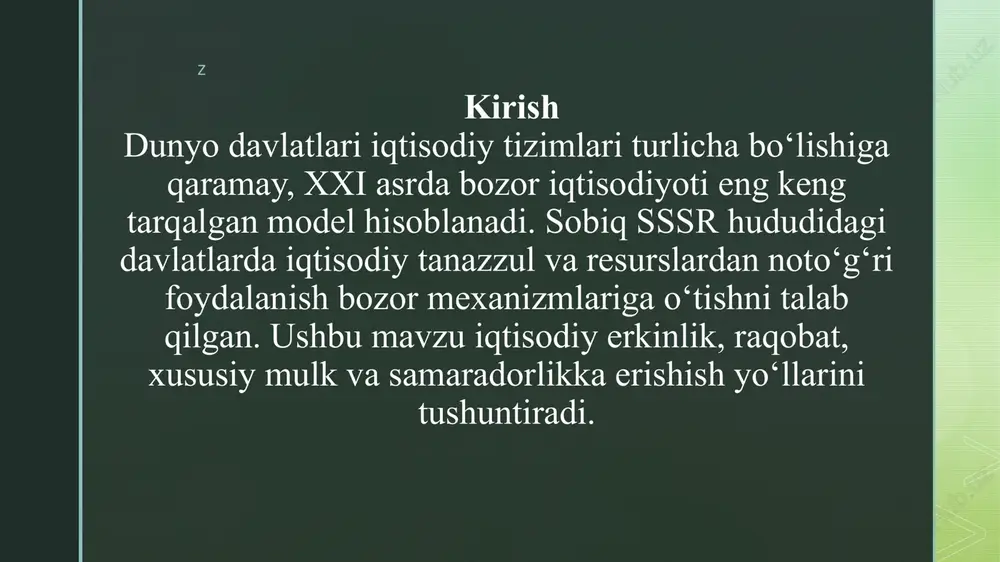 z raqobat muhitini shakllantirish monopoliyalarga qarshi siyosat yuritish va xususiy biznesni qo‘llab-quvvatlash orqali raqobat muhitini yaratish mumkin. bu ishlab chiqarish samaradorligini oshiradi va mahsulot sifatini yaxshilaydi. masalan, yangi korxonalar bozorga kirishi uchun qulay shart-sharoit yaratish. z bozor iqtisodiyotining natijalari bozor iqtisodiyotiga o‘tish xususiy sektorning rivojlanishi, innovatsiyalarni joriy qilish, ish o‘rinlarini yaratish va milliy mahsulotlar raqobatbardoshligini oshirishga imkon beradi. masalan, ishlab chiqarish sohalari samaradorligi oshgan va xizmatlar sifati yaxshilangan. z xulosa bozor iqtisodiyoti talab-taklif mexanizmi, erkin narxlar va xususiy mulkka asoslangan iqtisodiy tizimdir. bozor iqtisodiyotiga o‘tish samaradorlikni oshiradi, raqobatni kuchaytiradi, ijtimoiy himoyani ta’minlaydi va milliy iqtisodiyotni global darajada raqobatbardosh qiladi. o‘tish yo‘llari — xususiylashtirish, narxlarni erkinlashtirish, tadbirkorlikni rivojlantirish, infratuzilmani shakllantirish va moliyaviy islohotlar. z e’tiboringiz uchun rahmat z image4.jpg image5.jpg image6.jpg image7.jpg image8.jpg image2.png image3.png 110950156 /docprops/thumbnail.jpeg