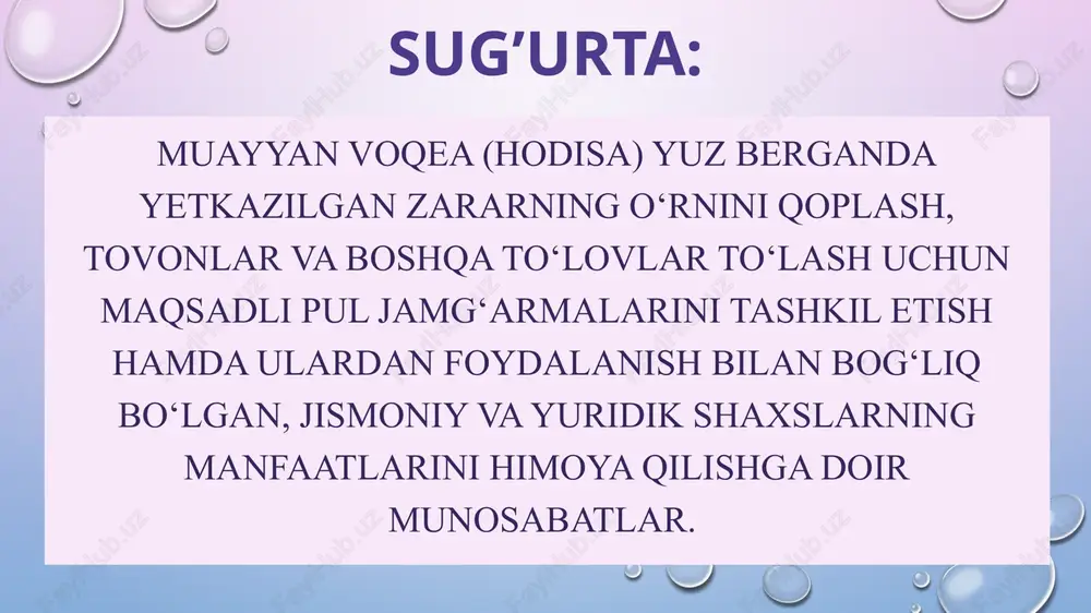 rveyeri sug‘urta syurveyeri quyidagilar bo‘yicha xizmatlar ko‘rsatuvchi, o‘z shtatida tegishli mutaxassislarga ega bo‘lgan yuridik shaxs yoki professional bilim va malakaga ega bo‘lgan jismoniy shaxsdir: sug‘urta (qayta sug‘urta) shartnomasi tuzilguniga qadar sug‘urta (qayta sug‘urta) obyektini ko‘zdan kechirish va tekshirish; sug‘urta (qayta sug‘urta) shartnomasi tuzilguniga qadar barcha faktlarni va tavakkalchilik holatlarini tahlil qilish, tavakkalchilik darajasini aniqlash; tekshirilayotgan sug‘urta obyekti bo‘yicha xulosa tuzish. assistans assistans sug‘urta qildiruvchilarga hamda sug‘urtalovchilarga sug‘urta shartnomasi doirasida assistans xizmatlari, texnik, tibbiy va boshqa xizmatlar ko‘rsatuvchi, shuningdek ularga moliyaviy ko‘mak beruvchi jismoniy yoki yuridik shaxsdir. assistans quyidagi huquqlarga ega: assistans xizmatlari ko‘rsatilishi bo‘yicha sug‘urtalovchilar bilan mustaqil ravishda shartnoma tuzish; assistans xizmatlari ko‘rsatilishi uchun zarur bo‘lgan barcha axborot sug‘urtalovchi tomonidan taqdim etilmagan taqdirda, assistans xizmatlari ko‘rsatishni rad etish; tegishli mutaxassislarni assistans xizmatlari ko‘rsatishda ishtirok etishga belgilangan tartibda jalb qilish. sug‘urtaning asosiy qoidalari quyidagi tushunchalarni o‘z ichiga olishi kerak: sug‘urta subyektlari; sug‘urta obyektlari; sug‘urta hodisalari; sug‘urta tavakkalchiliklari; sug‘urta summasi, sug‘urta tarifi …