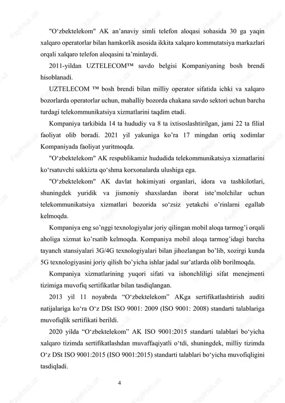 ing uzunligi, shu jumladan, shaharlararo, xalqaro va zonal optik tolali aloqa liniyalari 197,13 mln. kanal/km gacha oshdi. magistral transport tarmog‘ining quvvati 42,4 tbit/s ga yetdi. isteʼmolchilar ovoz berish natijalariga ko‘ra, uztelecom aloqa sohasida 2021 yil brendi sifatida tanlandi. 2021 yilda keng polosali internetdan foydalanuvchilar soni 40 foizga oshib, 1,4 million abonentga yetdi. xalqaro paketli kommutatsiya markaziga ulangan operator va provayderlar uchun tashqi internet-kanalning 1 mbit/s narxi 25 foizga, yaʼni 40 043,14 so‘mdan 30 045,00 so‘mgacha arzonlashtirildi. 2021 yil may oyida uptime institute uztelecom bulutli data-markazining loyihalash hujjatlarini tasniflash bo‘yicha tier iii darajali xalqaro sertifikatiga loyiq deb topdi.bu uztelecom bulutli data-markazining ishonchlilik darajasi uptime institute tasniflash bo‘yicha xalqaro tier iii tizimiga mos kelishini, yaʼni data-markaz infratuzilmasi “n+1” formulasi bo‘yicha zaxiralanganligini, xatolarga bardoshlik koeffitsiyenti esa 99,982% ni tashkil qilishini anglatadi. 2022 yil iyun oyida germaniyada bo‘lib o‘tgan tadbirda kompaniya “mdhdagi eng yaxshi rivojlanayotgan mintaqaviy operator” deb topildi. “optik tolali aloqa liniyalarini qurish” …