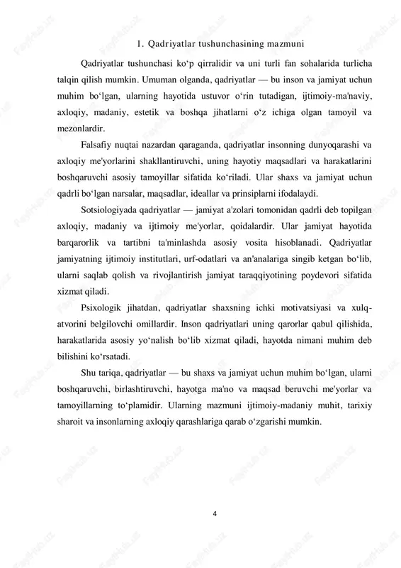 on milliy o‘zlikni saqlash va mustahkamlash, jamiyatni ijtimoiy va ma'naviy jihatdan rivojlantirishda muhim bosqich hisoblanadi. milliy qadriyatlar insonning o‘zligini anglashi, millatga muhabbat bilan qarashi, o‘z tarixiga, madaniyatiga va an'analariga sadoqat bilan yondashishini ta'minlaydi. o‘zbekistonning boy tarixiy va madaniy merosi, qadimiy urf-odatlari va an’analari, ma’naviy qadriyatlari jamiyat hayotida markaziy o‘rin tutadi. bu qadriyatlar jamiyatning barcha sohalariga ta’sir ko‘rsatib, insonlarning axloqiy va madaniy qadriyatlarini shakllantirishda, ularni birlashtirishda muhim vosita bo‘lib xizmat qiladi. shu sababli, qadriyatlar tizimini rivojlantirish, ularni asrab-avaylash va yosh avlodga yetkazish davlat siyosatining ustuvor vazifalaridan biri sifatida belgilangan. jamiyatda qadriyatlarning o‘rni ayniqsa yosh avlodni tarbiyalashda o‘z ifodasini topadi. maktab va oliy ta’lim muassasalarida milliy va umuminsoniy qadriyatlarni o‘rgatish orqali yoshlarning ma'naviy dunyosi boyitilmoqda. ta'lim jarayonida vatanparvarlik, halollik, adolat, mehnatsevarlik kabi qadriyatlar asosiy o‘rin tutadi. bular yoshlarni jamiyatga foydali, axloqiy yetuk shaxslar qilib tarbiyalashga xizmat qiladi. shuningdek, madaniy tadbirlar, festival va konferensiyalar orqali milliy qadriyatlarni targ‘ib qilish ishlari ham keng ko‘lamda …