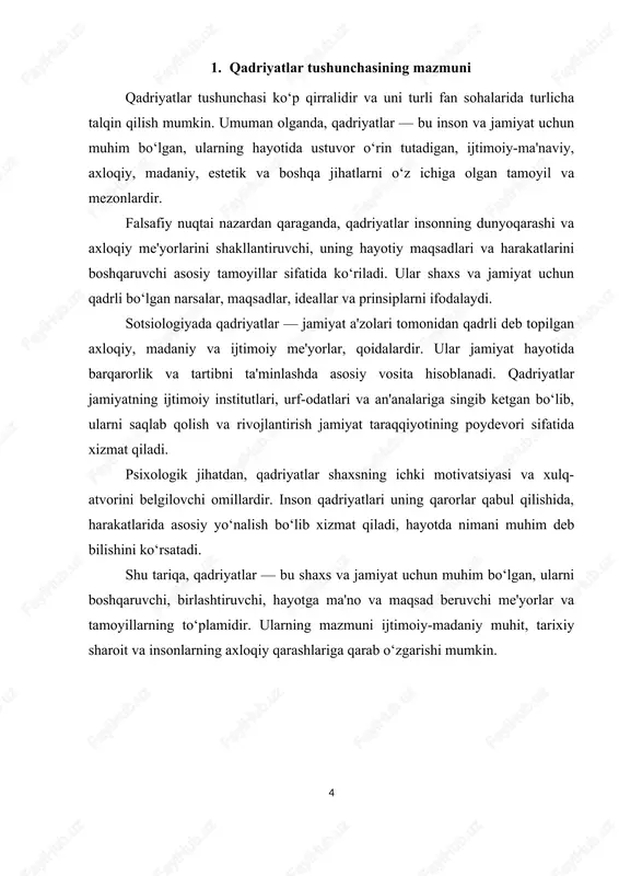 likni saqlash va mustahkamlash, jamiyatni ijtimoiy va ma'naviy jihatdan rivojlantirishda muhim bosqich hisoblanadi. milliy qadriyatlar insonning o‘zligini anglashi, millatga muhabbat bilan qarashi, o‘z tarixiga, madaniyatiga va an'analariga sadoqat bilan yondashishini ta'minlaydi. o‘zbekistonning boy tarixiy va madaniy merosi, qadimiy urf-odatlari va an’analari, ma’naviy qadriyatlari jamiyat hayotida markaziy o‘rin tutadi. bu qadriyatlar jamiyatning barcha sohalariga ta’sir ko‘rsatib, insonlarning axloqiy va madaniy qadriyatlarini shakllantirishda, ularni birlashtirishda muhim vosita bo‘lib xizmat qiladi. shu sababli, qadriyatlar tizimini rivojlantirish, ularni asrab-avaylash va yosh avlodga yetkazish davlat siyosatining ustuvor vazifalaridan biri sifatida belgilangan. jamiyatda qadriyatlarning o‘rni ayniqsa yosh avlodni tarbiyalashda o‘z ifodasini topadi. maktab va oliy ta’lim muassasalarida milliy va umuminsoniy qadriyatlarni o‘rgatish orqali yoshlarning ma'naviy dunyosi boyitilmoqda. ta'lim jarayonida vatanparvarlik, halollik, adolat, mehnatsevarlik kabi qadriyatlar asosiy o‘rin tutadi. bular yoshlarni jamiyatga foydali, axloqiy yetuk shaxslar qilib tarbiyalashga xizmat qiladi. shuningdek, madaniy tadbirlar, festival va konferensiyalar orqali milliy qadriyatlarni targ‘ib qilish ishlari ham keng ko‘lamda olib borilmoqda. …