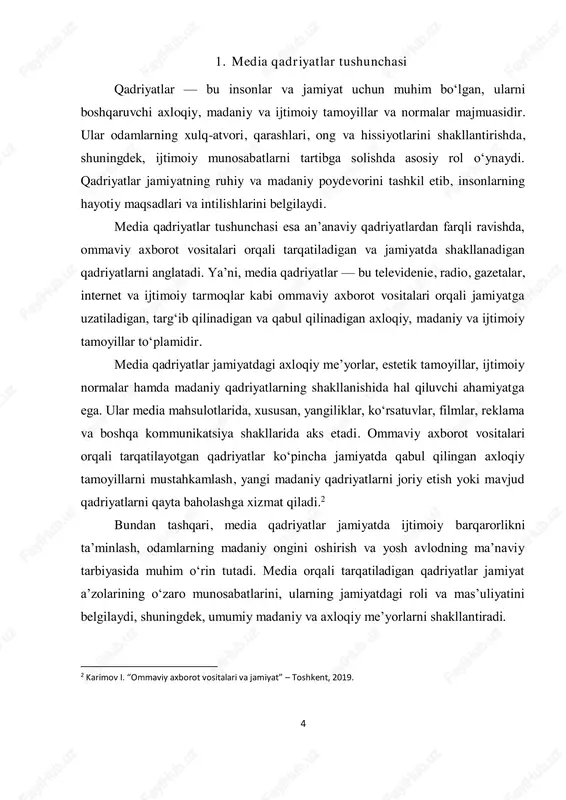 iyatlar media qadriyatlarning mazmunida milliy va xalqaro madaniyatlarni saqlash va rivojlantirishda muhim rol o‘ynaydi. media vositalari orqali xalqning tarixiy an’analari, milliy urf-odatlari, til va san’ati keng targ‘ib qilinadi. shuningdek, media madaniyat almashinuvini ta’minlab, turli xalqlarning madaniy g‘oyalari, estetik qarashlari va hayot tarzlarini jamiyatga yetkazadi. globalizatsiya jarayonida media madaniy qadriyatlarni nafaqat saqlab qoladi, balki ularni yangilab, jahon madaniyatining bir qismi sifatida tarqatadi. bu esa madaniyatlararo muloqot va tushunishni rivojlantirishga yordam beradi. ijtimoiy qadriyatlar: media qadriyatlarning mazmunida ijtimoiy qadriyatlar — jamiyatda adolat, tenglik, tinchlik, hamjihatlik va ijtimoiy barqarorlik kabi tamoyillarni o‘z ichiga oladi. ommaviy axborot vositalari ijtimoiy muammolar, inson huquqlari, ayollar huquqlari, yoshlar masalalari kabi mavzularni yoritib, 6 jamiyatda ijtimoiy ongni oshirishga xizmat qiladi. media ijtimoiy qadriyatlar orqali jamiyatda insonlarning o‘zaro hurmatini oshiradi, turli ijtimoiy guruhlar o‘rtasidagi munosabatlarni yaxshilashga yordam beradi. misol uchun, ijtimoiy reklama kampaniyalari orqali sog‘liqni saqlash, ekologiya va boshqa muhim masalalar bo‘yicha odamlarning xabardorligi oshiriladi. estetik qadriyatlar: estetik qadriyatlar …