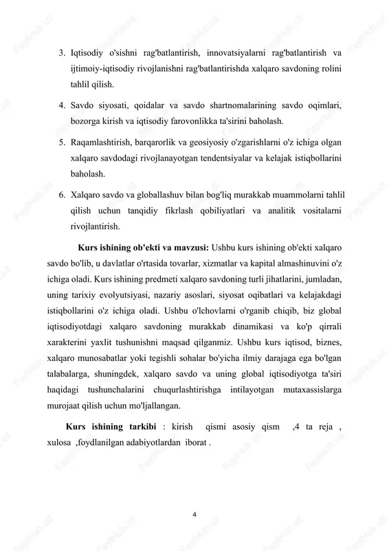 irik tahlillar natijasida iqtisodchilar xalqaro savdoni harakatga keltiruvchi mexanizmlarni yoritish uchun bir qancha nazariy modellarni ishlab chiqdilar. klassikdan zamonaviy yondashuvlargacha bo'lgan ushbu nazariyalar savdo naqshlari asosida yotgan iqtisodiy kuchlar haqida qimmatli fikrlarni taklif qiladi va savdoni liberallashtirish, protektsionizm va globallashuv bo'yicha siyosat muhokamalarini xabardor qiladi. ushbu bo'limda biz xalqaro savdoning ba'zi asosiy nazariy asoslarini o'rganamiz: 1. qiyosiy ustunlik: · 19-asrning boshlarida devid rikardo tomonidan ishlab chiqilgan qiyosiy ustunlik nazariyasi mamlakatlar boshqa davlatlarga nisbatan arzonroq imkoniyatlarga ega boʻlgan tovarlar va xizmatlar ishlab chiqarishga ixtisoslashishi kerakligini taʼkidlaydi. · ushbu nazariyaga ko'ra, agar bir mamlakat barcha tovarlarni boshqa davlatga qaraganda samaraliroq ishlab chiqarsa ham, har ikki davlat ham ixtisoslashuv va savdodan foyda ko'rishi mumkin, bu esa iste'mol va iqtisodiy farovonlikda o'zaro manfaatlarga olib keladi. 2. omillar nisbati nazariyasi (xeksher-olin modeli): · 20-asr boshlarida eli xeksher va bertil olin tomonidan taklif qilingan xeksher-olin modeli savdo shakllarining asosiy belgilovchi omili sifatida omillar taʼminotidagi farqlarni (mehnat, …