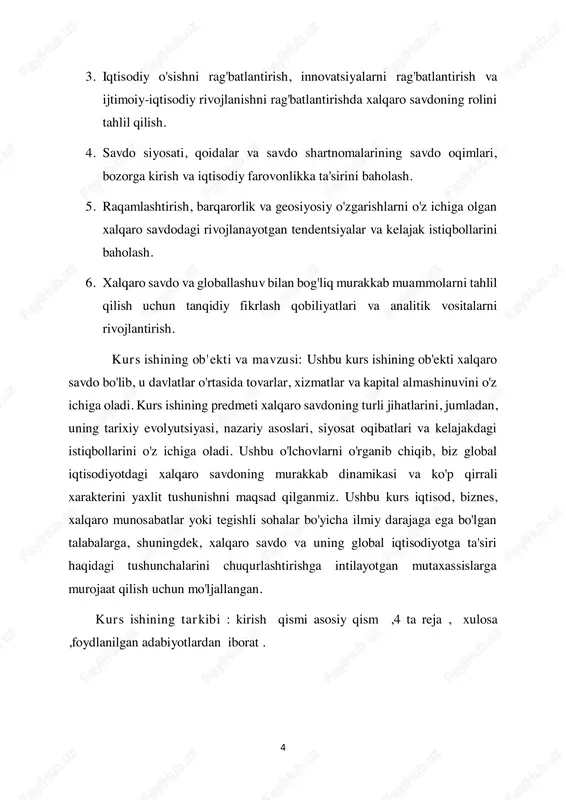 hlillar natijasida iqtisodchilar xalqaro savdoni harakatga keltiruvchi mexanizmlarni yoritish uchun bir qancha nazariy modellarni ishlab chiqdilar. klassikdan zamonaviy yondashuvlargacha bo'lgan ushbu nazariyalar savdo naqshlari asosida yotgan iqtisodiy kuchlar haqida qimmatli fikrlarni taklif qiladi va savdoni liberallashtirish, protektsionizm va globallashuv bo'yicha siyosat muhokamalarini xabardor qiladi. ushbu bo'limda biz xalqaro savdoning ba'zi asosiy nazariy asoslarini o'rganamiz: 1. qiyosiy ustunlik:  19-asrning boshlarida devid rikardo tomonidan ishlab chiqilgan qiyosiy ustunlik nazariyasi mamlakatlar boshqa davlatlarga nisbatan arzonroq imkoniyatlarga ega boʻlgan tovarlar va xizmatlar ishlab chiqarishga ixtisoslashishi kerakligini taʼkidlaydi.  ushbu nazariyaga ko'ra, agar bir mamlakat barcha tovarlarni boshqa davlatga qaraganda samaraliroq ishlab chiqarsa ham, har ikki davlat ham ixtisoslashuv va savdodan foyda ko'rishi mumkin, bu esa iste'mol va iqtisodiy farovonlikda o'zaro manfaatlarga olib keladi. 2. omillar nisbati nazariyasi (xeksher-olin modeli):  20-asr boshlarida eli xeksher va bertil olin tomonidan taklif qilingan xeksher-olin modeli savdo shakllarining asosiy belgilovchi omili sifatida omillar taʼminotidagi farqlarni (mehnat, kapital …
