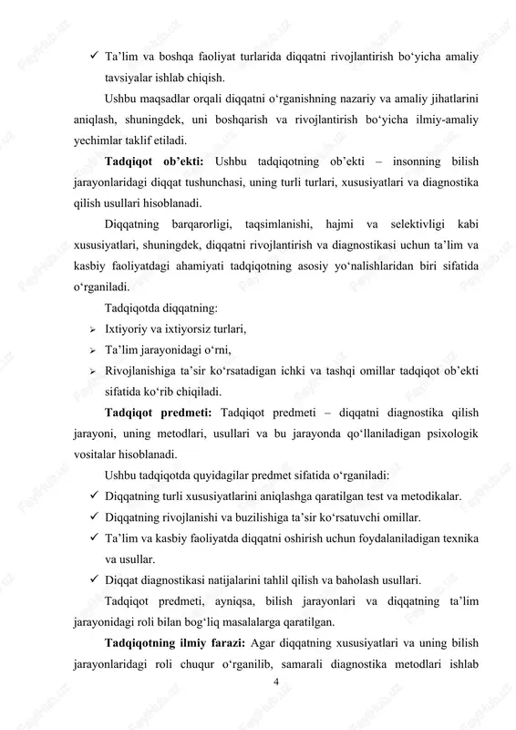 kllarini tahlil qilish. diqqat diagnostikasining mavjud usullarini o‘rganish: · diqqatni aniqlashga mo‘ljallangan psixologik testlar va metodikalarni tahlil qilish. · diagnostika natijalarini o‘lchash va baholash imkoniyatlarini o‘rganish. diqqatning buzilish sabablari va ularning oqibatlarini tahlil qilish: · diqqat yetishmovchiligi sindromi (adhd) va boshqa buzilishlar. · ta’lim va kasbiy faoliyatda diqqatni oshirishga yordam beruvchi texnika va usullarni tavsiya etish. · maxsus mashqlar va treninglarni tadqiq qilish. amaliyotda diqqat diagnostikasi va rivojlantirish usullarining samaradorligini tahlil qilish: · olingan ma’lumotlarni tahlil qilish va xulosalar chiqarish. · diagnostika va rivojlantirish bo‘yicha tavsiyalar ishlab chiqish. mavzuning o'rganilganlik darajasi: diqqat psixologik tadqiqotlarning asosiy obyekti sifatida uzoq yillardan beri o‘rganilib kelinmoqda. psixologiya tarixida bu mavzuga oid bir qancha nazariyalar va tadqiqotlar olib borilgan bo‘lib, ularning natijalari diqqatning mohiyati, xususiyatlari va diagnostika usullari bo‘yicha boy ilmiy asosni yaratgan. · klassik tadqiqotlar: · wilhelm wundt va william james kabi psixologlar diqqatni bilish jarayonining ajralmas qismi sifatida birinchilardan bo‘lib o‘rganganlar. ularning tadqiqotlari …