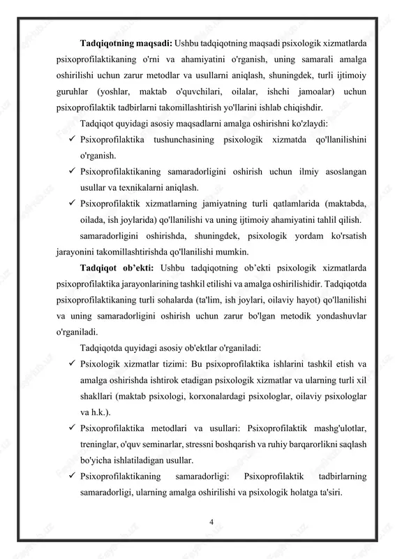maktablar, ish joylari, oilalarda psixoprofilaktik xizmatlarning amaliy qo'llanilishi va ularning shaxslararo munosabatlar va jamiyatga ta'siri. tadqiqot predmeti psixoprofilaktika sohasida zamonaviy yondashuvlar va amaliyotlarni chuqur tahlil qilish va ularning psixologik xizmatlardagi o'rnini aniqlashga qaratilgan. tadqiqotning ilmiy farazi: ushbu tadqiqotda quyidagi ilmiy faraz ilgari suriladi: · psixoprofilaktik tadbirlar samaradorligini oshirish uchun ilmiy asoslangan metodlar va usullarni joriy etish psixologik xizmatlarning samaradorligini yaxshilaydi. bu farazga ko'ra, psixoprofilaktik yondashuvlarning har xil sohalarda (maktabda, ish joylarida, oilalarda) samarali qo'llanilishi, psixologik yordamning samaradorligini oshiradi va ruhiy salomatlikni mustahkamlashda muhim rol o'ynaydi. · psixoprofilaktik xizmatlar turli ijtimoiy guruhlar, xususan, o'quvchilar va ishchilar orasida ruhiy salomatlikni mustahkamlashga qaratilgan tadbirlarni o'z ichiga olsa, umumiy psixologik barqarorlikka olib keladi. bu faraz asosida psixoprofilaktikaning maktabda, oilada va ish joylarida qo'llanilishi ijtimoiy guruhlarning ruhiy barqarorligini ta'minlaydi va ijtimoiy muammolarni kamaytiradi.[footnoteref:2] [2: https://www.psychologytoday.com ] tadqiqot vazifalari: ushbu tadqiqotni amalga oshirish jarayonida quyidagi asosiy vazifalar belgilanadi: · psixoprofilaktika tushunchasini aniqlash: psixoprofilaktika kontseptsiyasini o'rganish va …