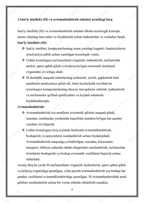 ni moslashtirish, sinovlarni baholash, o'quvchilar uchun maslahatlar va ta'limning alohida yo'nalishlarini aniqlashda si va avtomatlashtirishdan foydalaniladi. bu sohalarda si va avtomatlashtirish keng qamrovli xizmatlarni osonlashtirish, ma'lumotlar analizini yaxshilash, vaqtni tejamkor foydalanish, xavfsizlikni oshirish va foydalanuvchilarga ko'p imkoniyatlar yaratishda katta ro'k tutadi. 3. sun'iy intellekt va avtomatlashtirish sohalari hayotimizga qanday ta'sir ko'rsatishi mumkin sun'iy intellekt (si) va avtomatlashtirish, hayotimizga ko'plab ta'sir ko'rsatishi mumkin: osonlik va qulaylik: si va avtomatlashtirish, kundalik hayotimizni osonlashtiradi. bu texnologiyalar, ish jarayonlarini va vazifalarni avtomatiklashtirish orqali bizga vaqt va energiyamizni tejash imkonini beradi. masalan, otomatik tizimlar yordamida avtomobillar o'z-o'zini idora qilish, xavfsizlik tizimlari orqali uchuvchilar uchun xavfsizlikni ta'minlash, onlayn xizmatlar orqali har xil ehtiyojlarimizni yaxshi ko'rib chiqish va boshqarish imkonini beradi. ish joylaridagi o'zgarishlar: korxonalar va tadbirkorlar, si va avtomatlashtirish yordamida ish joylarini yangilab, ish jarayonlarini osonlashtirish, xatolarini kamaytirish, ishlab chiqarishni yaxshilash, mijozlar bilan muloqotni avtomatlashtirish imkoniyatlaridan foydalanishadi. tibbiyot sohasidagi ta'sir: sun'iy intellekt tibbiyot sohasida katta ahamiyatga …