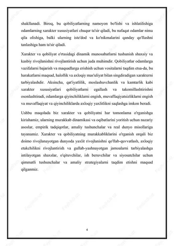 t, aflotun, arastu kabi faylasuflar xarakterning tabiati va uning axloqiy ezgulik bilan bog‘liqligini o‘rganib chiqdilar. sokrat uchun xarakter bilim va o'z-o'zini anglash bilan chambarchas bog'liq bo'lib, o'z e'tiqodi va qadriyatlarini tekshirish muhimligini ta'kidladi. aflotun dialoglarida donolik, jasorat, bosiqlik va adolat fazilatlariga chuqur kirib, bu fazilatlarni tarbiyalash barkamol qalb va adolatli jamiyatga olib borishini taklif qiladi. aristotelning “nikomax etikasi” asarida xarakter (etos) tushunchasi keng ko‘lamda ko‘rib chiqilib, yaxshi xulq-atvorni shakllantirish va eudaimoniyaga (gullab-yashnash) erishishda odatlanishning (etike arete) rolini yoritib berdi. diniy va axloqiy an'analar: xristianlik, iudaizm, islom, hinduizm va buddizm kabi diniy urf-odatlar axloqiy fazilatlarni tarbiyalashni ma'naviy yuksalish va axloqiy hayotning ajralmas qismi sifatida ta'kidlagan. rahm-shafqat, kamtarlik, halollik, kechirimlilik va o'z-o'zini tarbiyalash haqidagi ta'limotlar ezgu xarakter xususiyatlarini tarbiyalashga intilayotgan tarafdorlar uchun asosiy tamoyil bo'lib xizmat qiladi. diniy matnlar va oyatlarda ko'pincha solih va mazmunli hayot kechirishda xarakterni rivojlantirish muhimligini ta'kidlaydigan axloqiy hikoyalar, masallar va amrlar mavjud. ta'lim falsafalari: xitoyda konfutsiy, rimda …