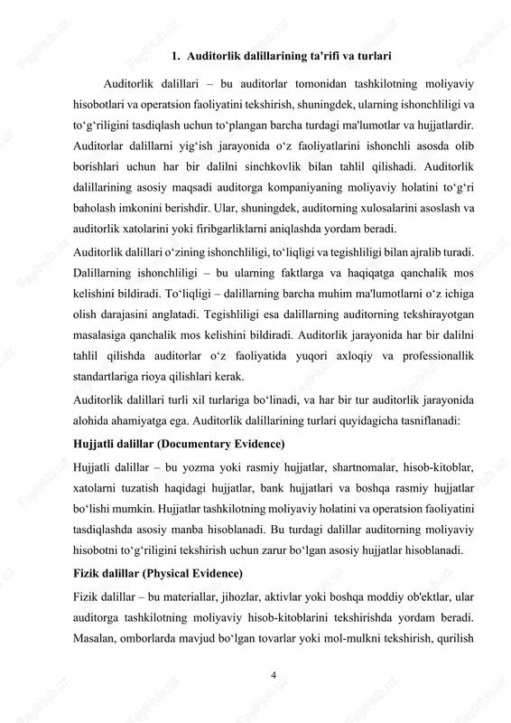 ob-kitoblar va moliyaviy hisobotlarni mustaqil ravishda qayta hisoblab, to‘g‘riligini tekshiradilar. bunday dalillar auditorning xulosasini asoslashda va raqamlarning to‘g‘ri hisoblanganligini aniqlashda muhimdir. kuzatish dalillari – bu auditorning tashkilotdagi jarayonlarni bevosita kuzatib, olingan ma'lumotlardir. masalan, ishlab chiqarish jarayonlarini yoki xodimlarning faoliyatini kuzatish auditor uchun muhim dalil manbasi bo‘lishi mumkin. bunday dalillar yordamida auditorlar ichki nazorat tizimining samaradorligini aniqlashadi. auditorlik dalillari turli turlarga bo‘linadi va har bir tur o‘ziga xos ahamiyatga ega. har bir auditorlik jarayoni uchun turli xil dalillarni yig‘ish va tahlil qilish auditorning xulosalarining ishonchliligini ta'minlash uchun zarurdir. dalillarning sifatini ta'minlash va to‘g‘ri yig‘ish auditorning muvaffaqiyatli faoliyatining asosi hisoblanadi. 2. auditorlik dalillarini yig'ishning asosiy usullari auditorlik dalillari to‘planganidan so‘ng, auditorlar o‘z faoliyatlarini to‘g‘ri asoslash va tashkilotning moliyaviy holatini aniq baholash uchun bu dalillarni o‘rganadilar. dalillarni yig‘ish jarayoni auditorning xulosalarini ishonchli qilish va tekshiruvning samaradorligini oshirishda juda muhimdir. auditorlik dalillarini yig‘ish uchun bir nechta asosiy usullar mavjud, va har bir usul auditorning …