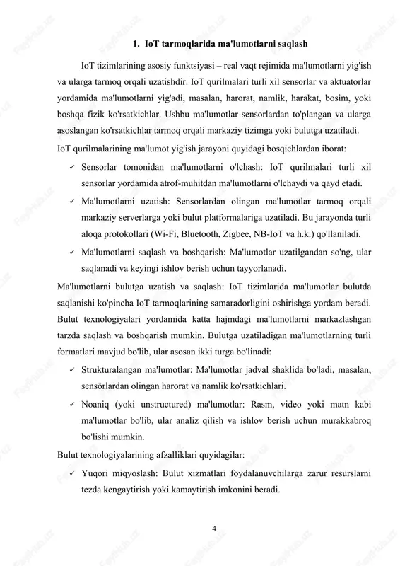 nlashda bulut texnologiyalari foydalanuvchilarga foydalanuvchi ma'lumotlarini nazorat qilish va saqlashning samarali usullarini taqdim etadi, shu jumladan, ma'lumotlar shifrlash, xavfsiz tarmoq protokollari va tizimni uzilishlarga qarshi himoya qilish usullari. 2. iot tarmoqlarida ma'lumotlarni qayta ishlash iot tarmoqlarida ma'lumotlarni qayta ishlash — bu iot qurilmalaridan to'plangan xom ma'lumotlarni analiz qilish, tahlil qilish va foydali axborotga aylantirish jarayonidir. bu jarayon asosan ikki bosqichda amalga oshiriladi: · real-vaqt ma'lumotlarni qayta ishlash: iot tizimlari o'zining asosiy funksiyasini real vaqt rejimida ma'lumotlarni yig'ish va ularga tezkor javob berishda bajaradi. masalan, aqlli uy tizimida harorat o'lchovlari real vaqt rejimida ishlov beriladi va ularning natijalariga asoslangan ravishda isitish tizimi yoki sovutish tizimi avtomatik tarzda ishga tushadi. · noaniq ma'lumotlar bilan ishlash: iot qurilmalari turli sensorlardan noaniq yoki shovqinli ma'lumotlarni yig'ishi mumkin. bu ma'lumotlar aniq va foydali axborotga aylantirilishi uchun maxsus algoritmlar va mashinani o'rganish metodlari ishlatiladi. ma'lumotlarni qayta ishlashda asosiy vazifa — xom ma'lumotlardan aniq va foydali natijalar …