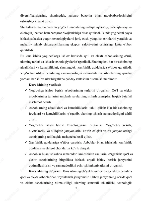 , ishlash usullari va qo‘llanilish sohalari mavjud. quyida, yog‘ochlarga ishlov berishda eng ko‘p ishlatiladigan asbob turlari haqida batafsil ma'lumot berilgan. yog‘ochlarga ishlov berishda qo‘l asboblari alohida o‘rin tutadi, chunki ular nozik ishlarni bajarishda, kichik o‘zgartirishlarni kiritishda va aniq shakllar yaratishda juda foydalidir. quyida pichoq, saw (arav), rasp kabi asosiy qo‘l asboblari va ularning afzalliklari haqida batafsil ma'lumot berilgan. pichoq (chisel): pichoq yoki o‘ymakorlik pichog‘i yog‘ochga shakl berishda, kesish va o‘ymakorlik ishlarini bajarishda ishlatiladi. u yog‘ochni nozik va aniq ishlashda juda muhim asbobdir. afzalliklari: nozik ishlov: pichoq yordamida yog‘och yuzasida aniq va mukammal o‘yma ishlari amalga oshiriladi. har xil shakllarda: pichoqlar turli shakl va o‘lchamlarda bo‘lib, ular turli o‘ymakorlik ishlarini bajarishga moslashadi. ishlash qulayligi: pichoqning ko‘p turlari qo‘lda ishlatish uchun qulaydir, bu esa yog‘och ustalariga o‘z ishlarini aniq va tez bajarishga imkon beradi. saw (arav): saw - yog‘ochni kesish uchun ishlatiladigan qo‘l asbobidir. bu asbobning pichog‘i yog‘ochni kesishga mo‘ljallangan va uni …