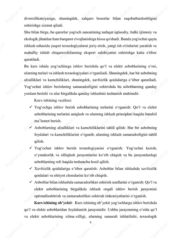 ri mavjud. quyida, yog‘ochlarga ishlov berishda eng ko‘p ishlatiladigan asbob turlari haqida batafsil ma'lumot berilgan. yog‘ochlarga ishlov berishda qo‘l asboblari alohida o‘rin tutadi, chunki ular nozik ishlarni bajarishda, kichik o‘zgartirishlarni kiritishda va aniq shakllar yaratishda juda foydalidir. quyida pichoq, kabi asosiy qo‘l asboblari va ularning afzalliklari haqida batafsil ma'lumot berilgan. pichoq (chisel): pichoq yoki o‘ymakorlik pichog‘i yog‘ochga shakl berishda, kesish va o‘ymakorlik ishlarini bajarishda ishlatiladi. u yog‘ochni nozik va aniq ishlashda juda muhim asbobdir. afzalliklari: nozik ishlov: pichoq yordamida yog‘och yuzasida aniq va mukammal o‘yma ishlari amalga oshiriladi. har xil shakllarda: pichoqlar turli shakl va o‘lchamlarda bo‘lib, ular turli o‘ymakorlik ishlarini bajarishga moslashadi. ishlash qulayligi: pichoqning ko‘p turlari qo‘lda ishlatish uchun qulaydir, bu esa yog‘och ustalariga o‘z ishlarini aniq va tez bajarishga imkon beradi. yog‘ochni kesish uchun ishlatiladigan qo‘l asbobidir. bu asbobning pichog‘i yog‘ochni kesishga mo‘ljallangan va uni qo‘lda harakatlantirish orqali kesish jarayonini amalga oshiradi. afzalliklari: aniqlik: yordamida kesish aniq …
